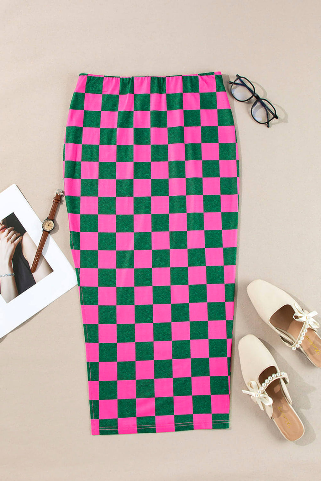 Rose Checkered Print Side Slit High Waist Midi Skirt - enhanced image 2