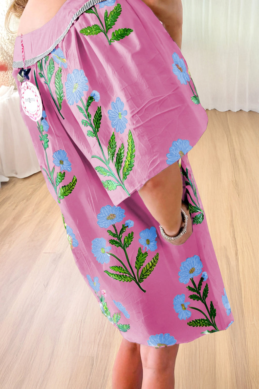 Rose Floral Short Sleeve Split Neck Loose Mini Dress - enhanced image 2
