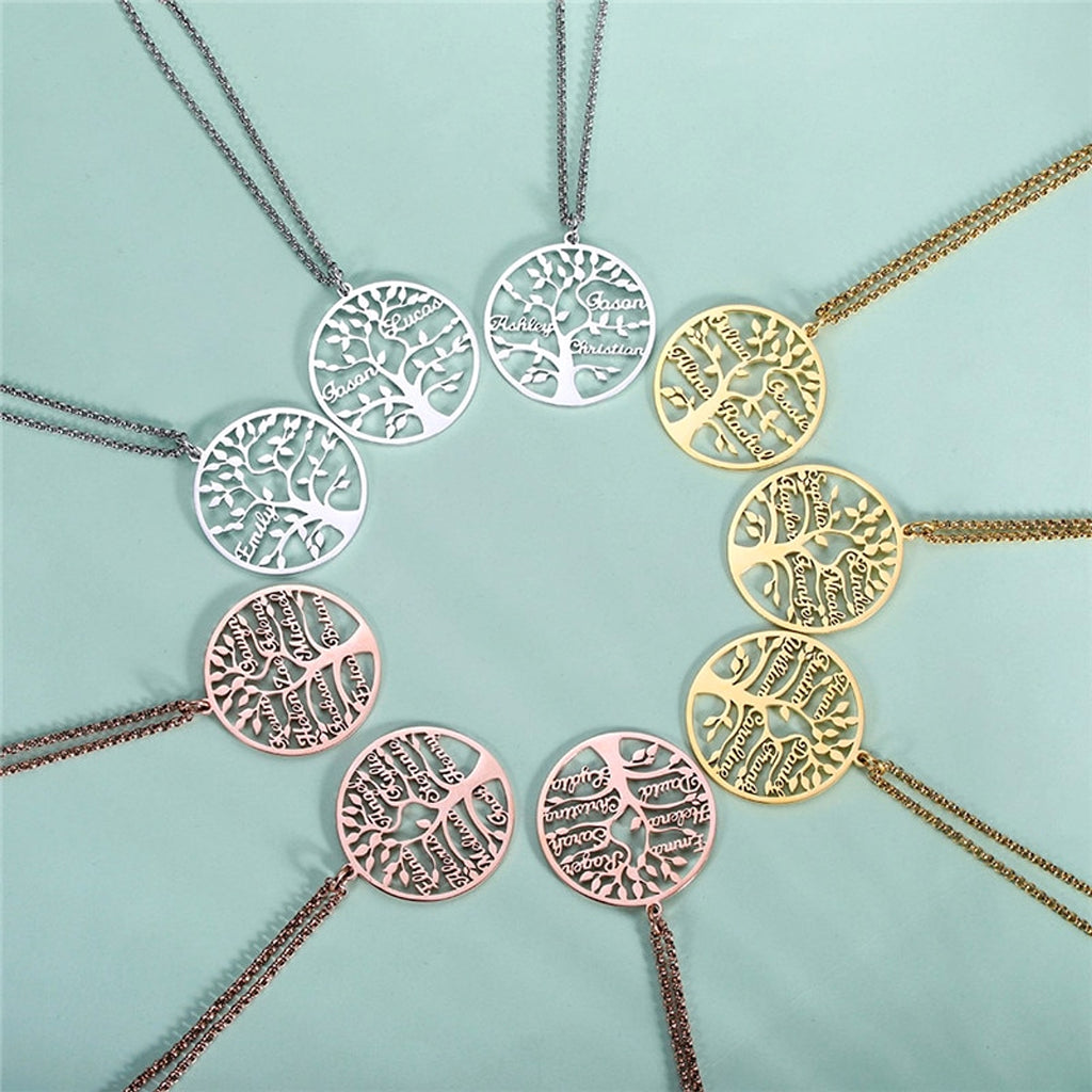 Rose Gold Family Tree Name Necklace Tree Of Life Stainless Steel Customised Necklace - enhanced image 2