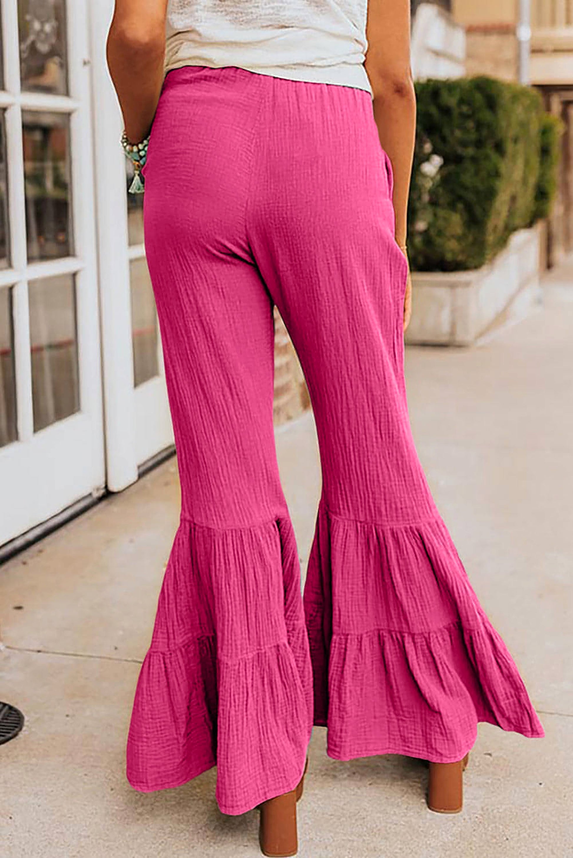 Rose Textured High Waist Ruffled Bell Bottom Pants - enhanced image 2