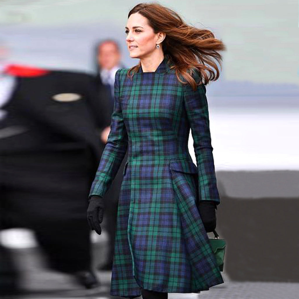 A1. Royal English Lapel Long Sleeve Plaid Waist Dress - enhanced image 2