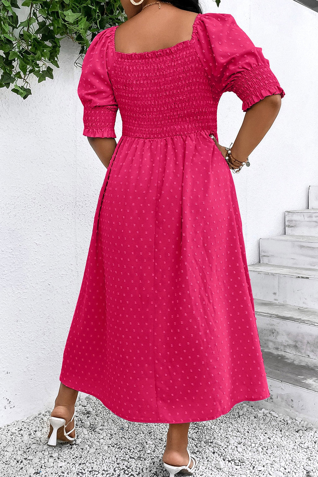 Sachet Pink Swiss Dot Smocked Frilled Neckline Short Sleeve Plus Size Dress - enhanced image 2