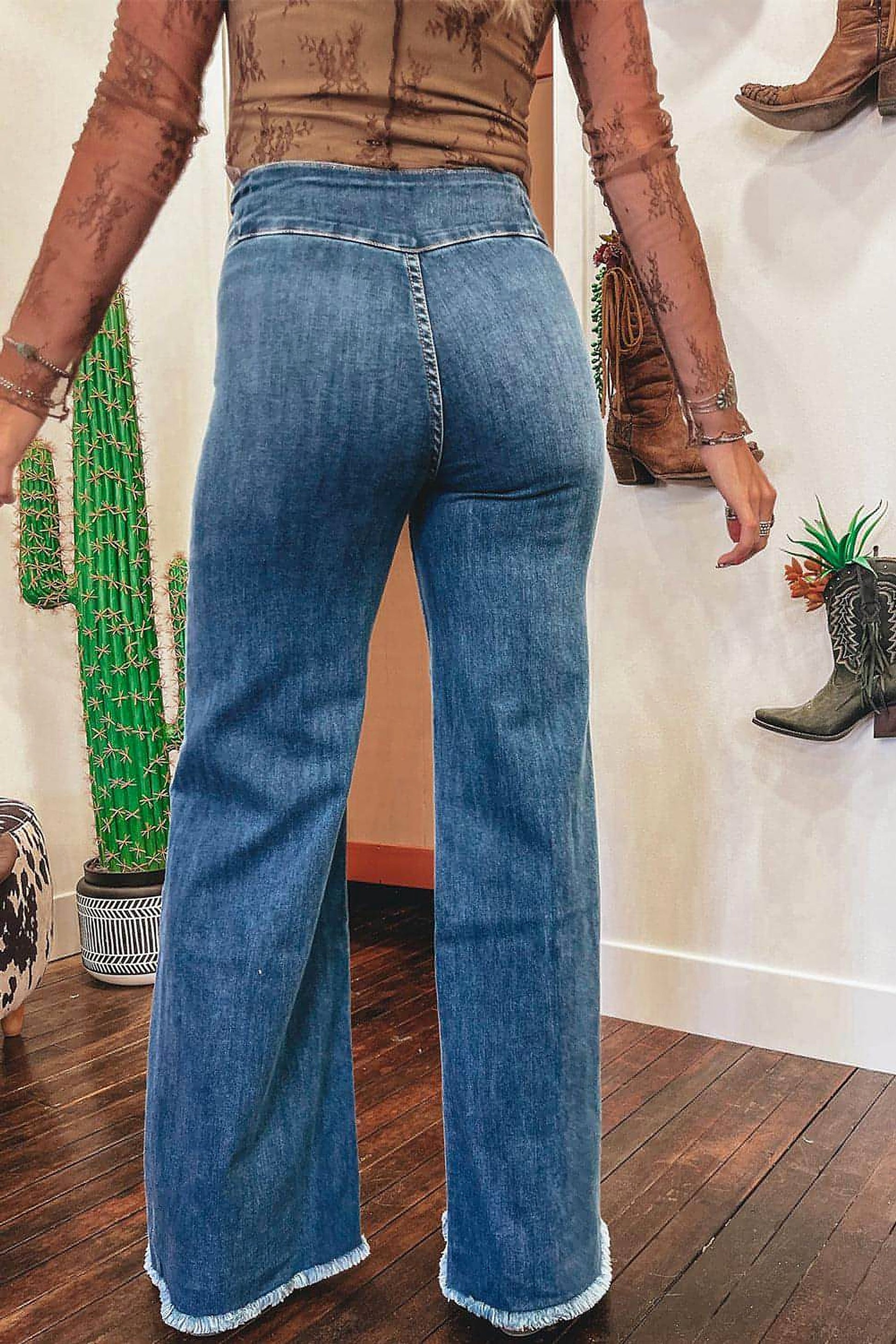 Sail Blue High Waist Button Fly Seamed Raw Hem Flare Jeans - enhanced image 2