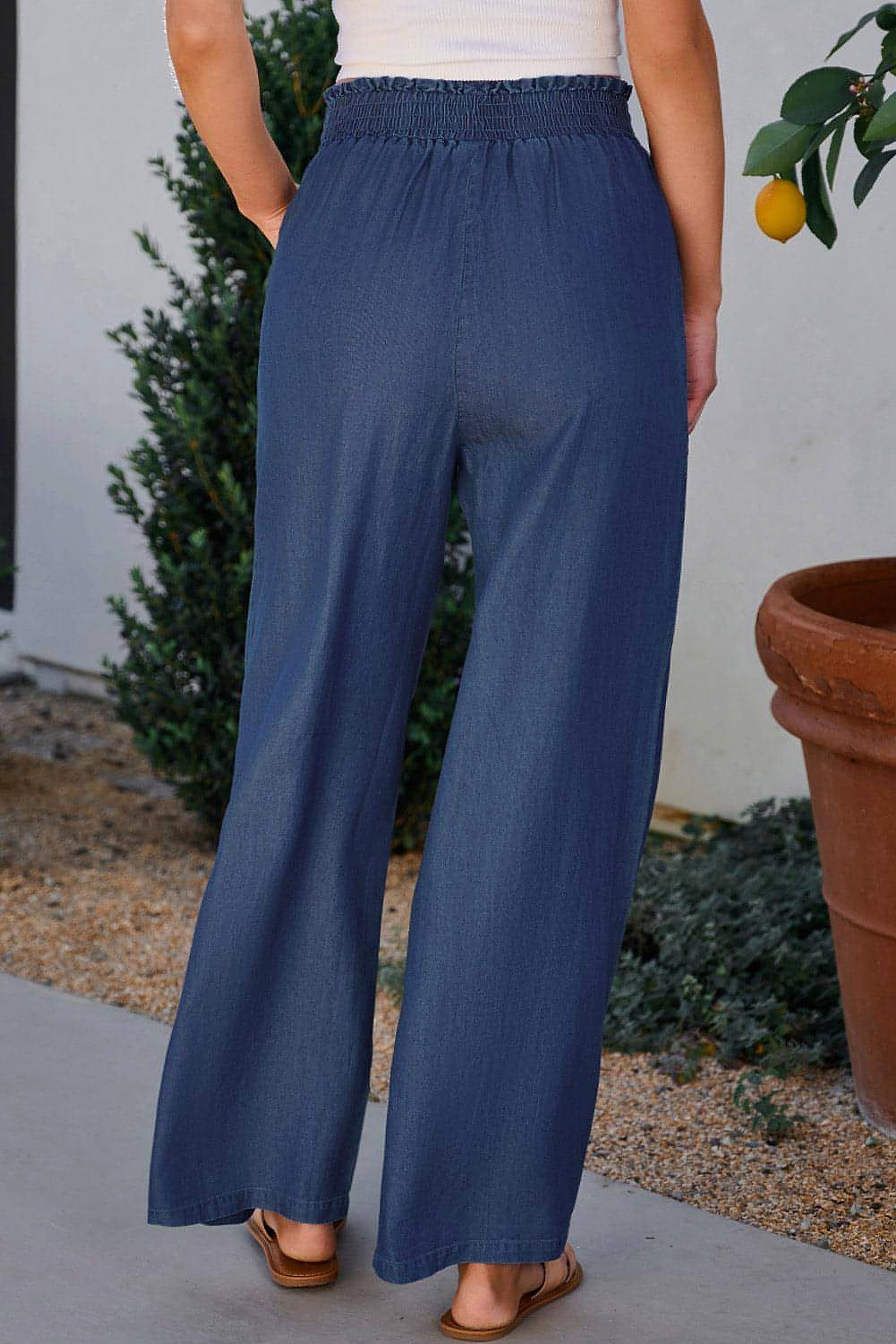 Sail Blue Side Pockets Frilled Smocked High Waist Wide Leg Jeans - enhanced image 2