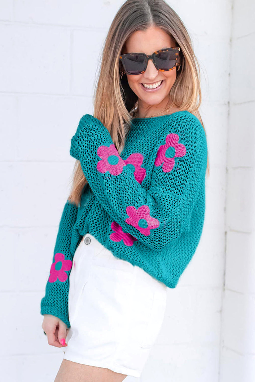 Sea Green Big Flower Hollowed Knit Drop Shoulder Sweater - enhanced image 2