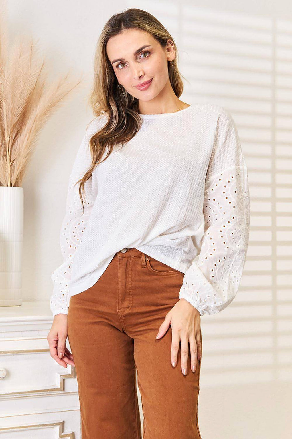 Shiny Eyelet Dropped Shoulder Round Neck Blouse - enhanced image 2