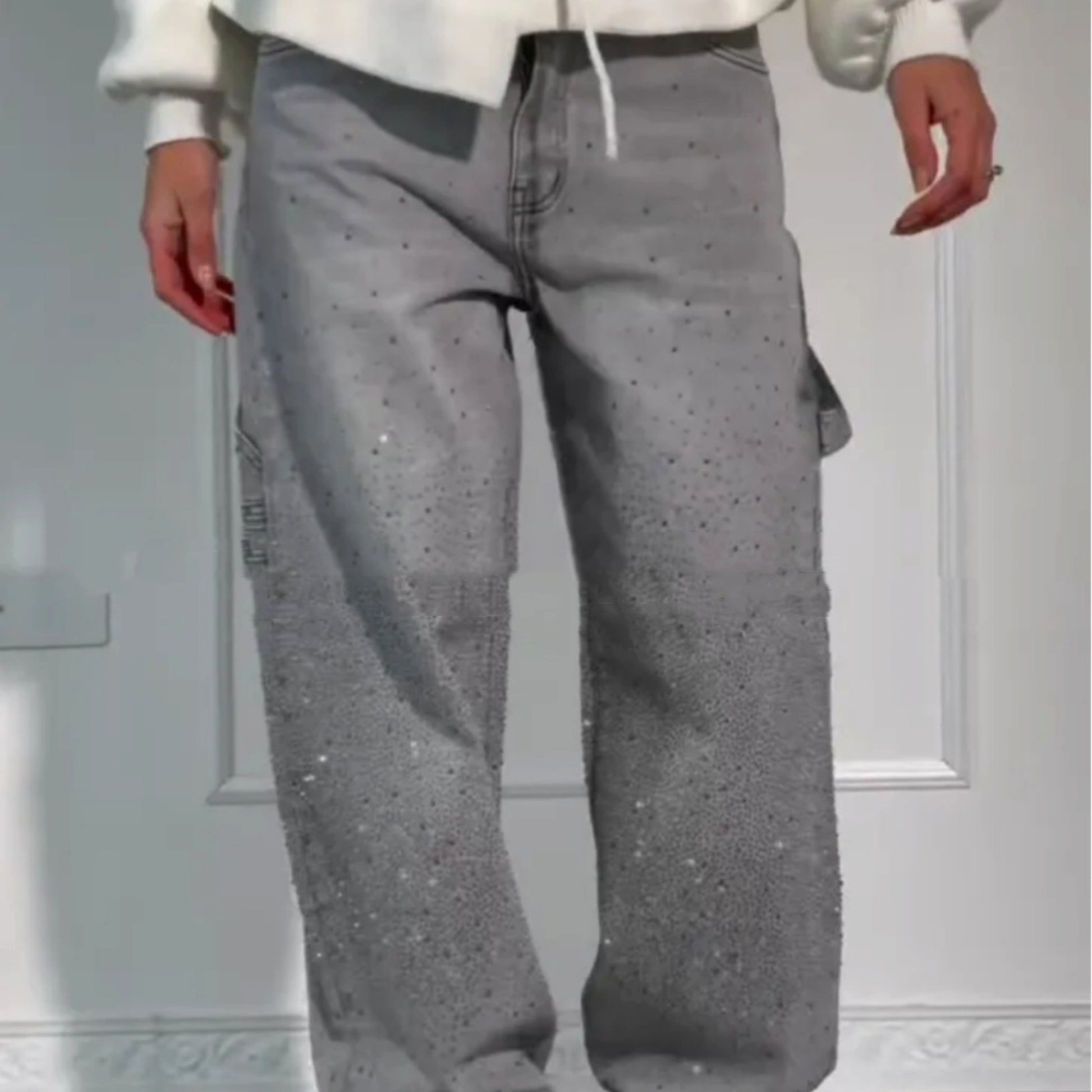 Shiny Straight-Leg Glitter Jeans with Pockets – Wide Leg Pants for Women - enhanced image 2