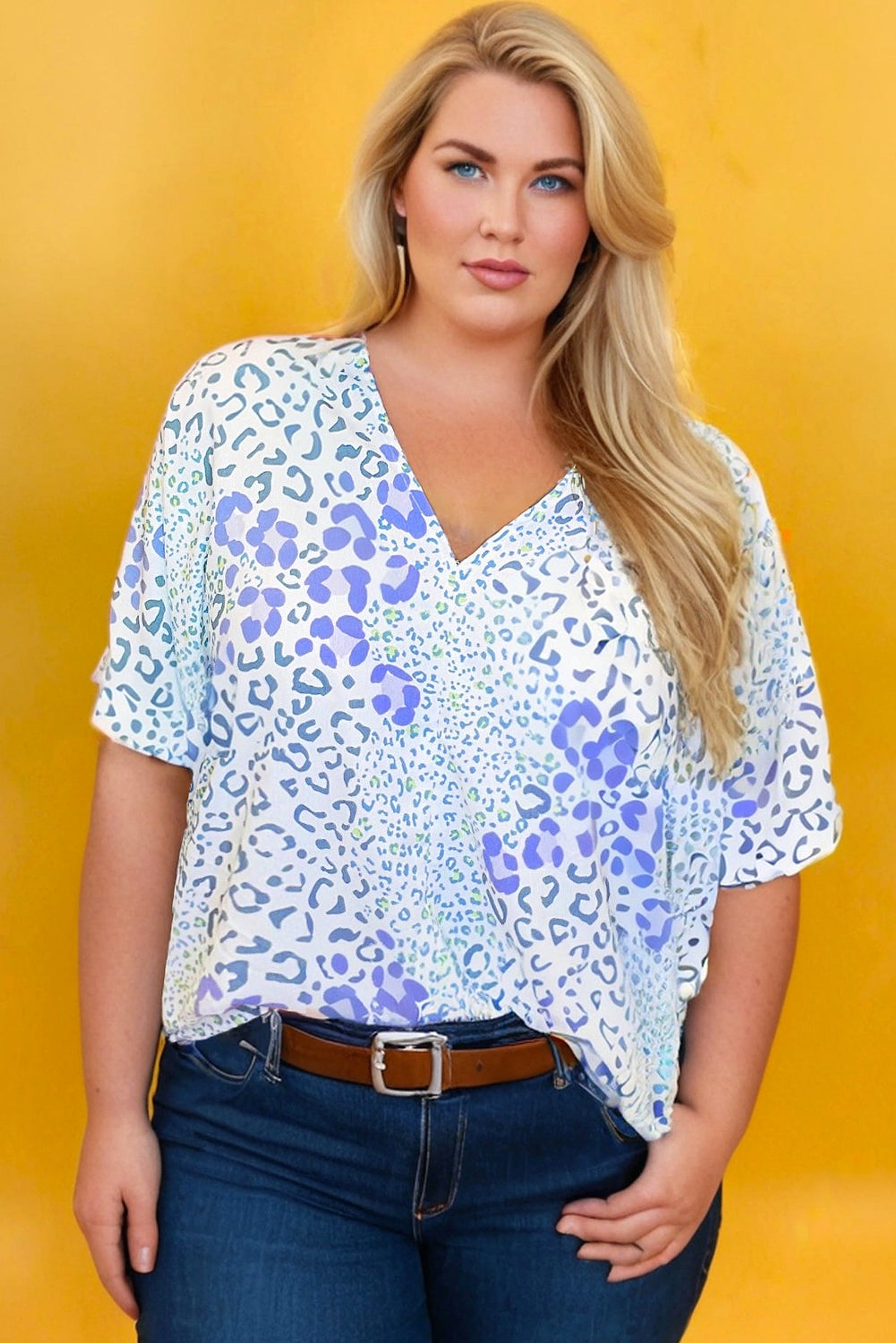 Sky Blue Leopard Print Short Sleeve V Neck Plus Size Top - enhanced image 2