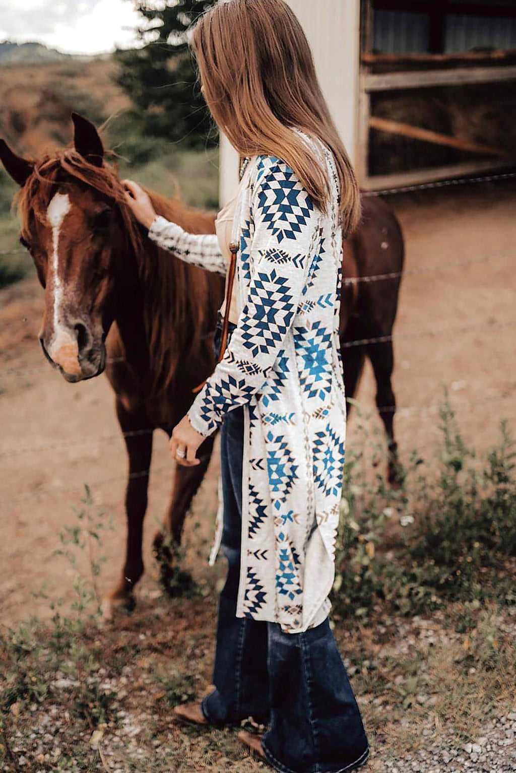 Sky Blue Western Aztec Printed Open Front Long Cardigan - enhanced image 2