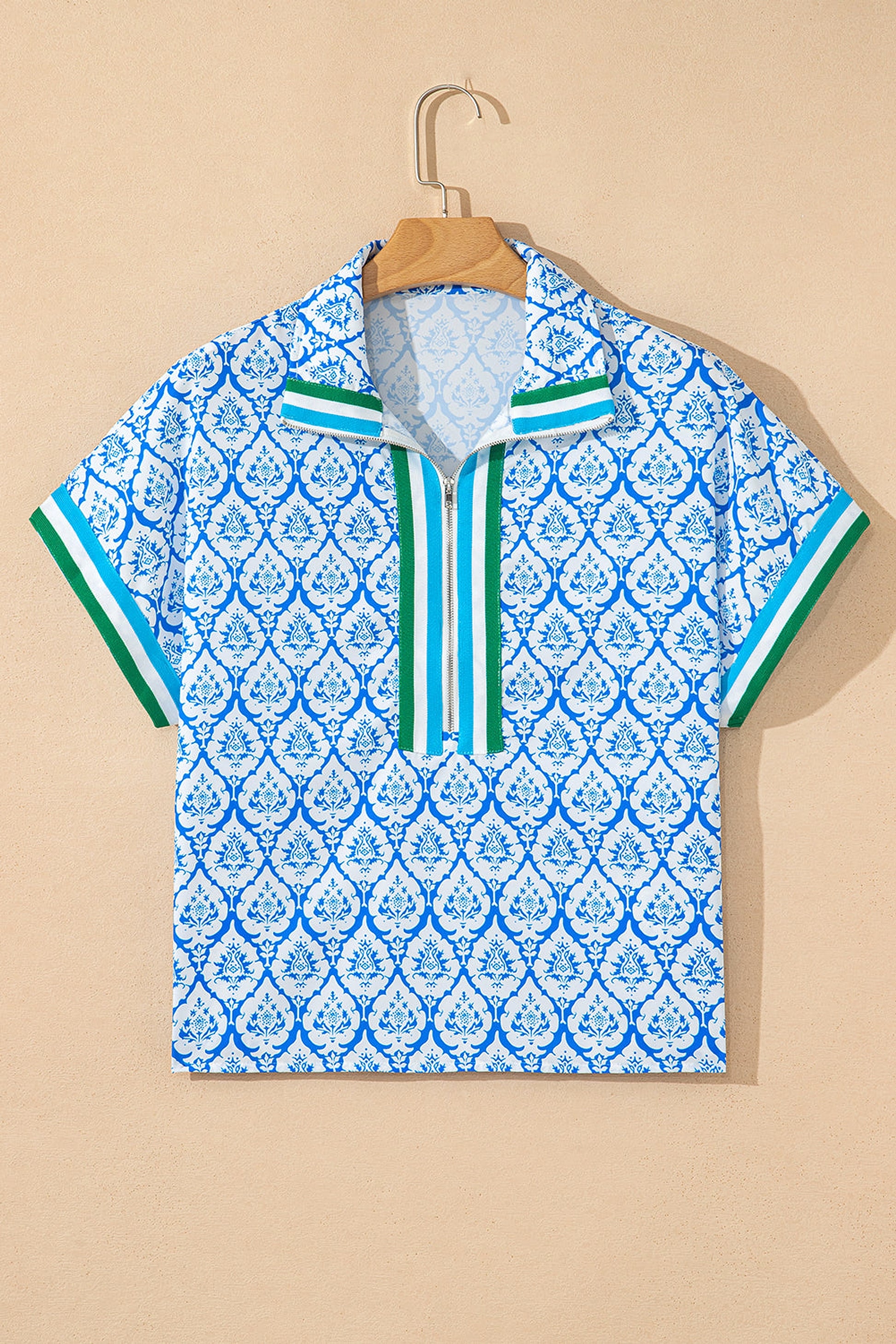Sky Blue Western Print Zipped Collar Short Sleeve Summer Blouse Top - enhanced image 2