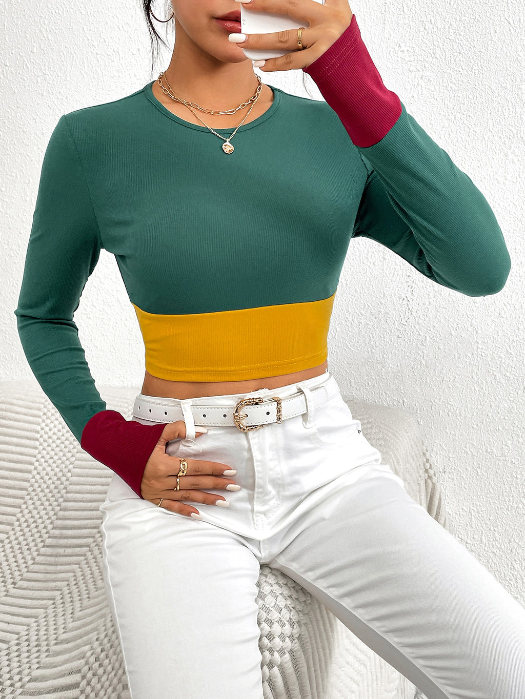 Slim Fit O-neck Short Stitching Long Sleeve T-shirt Women - enhanced image 2