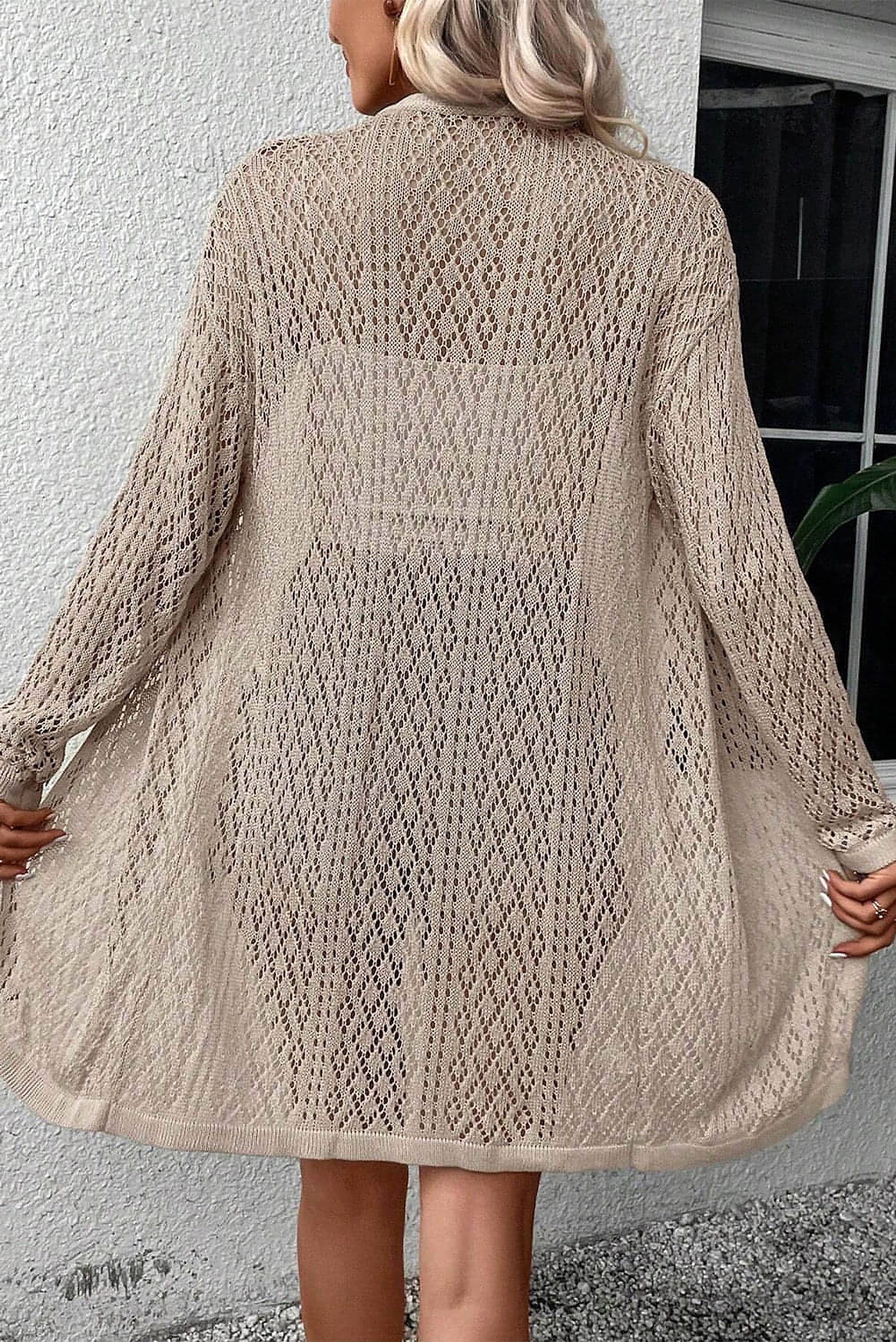 Smoke Gray Solid Color Pointelle Knit Open Front Cardigan - enhanced image 2