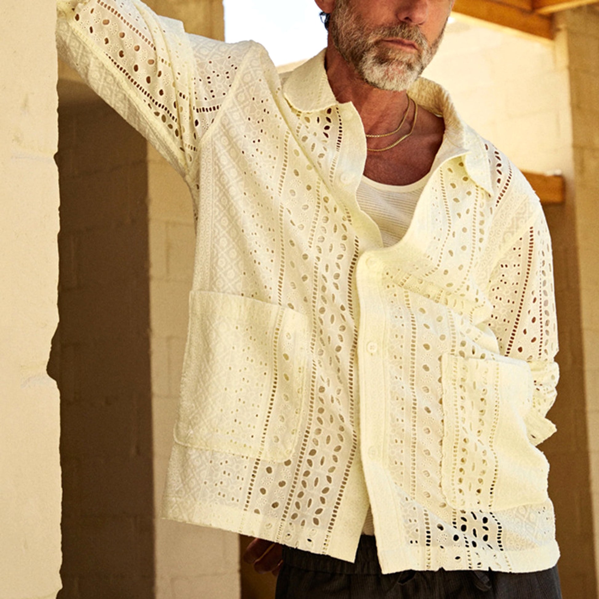 Solid Color Hollowed Fashion Men's DressShirt - enhanced image 2