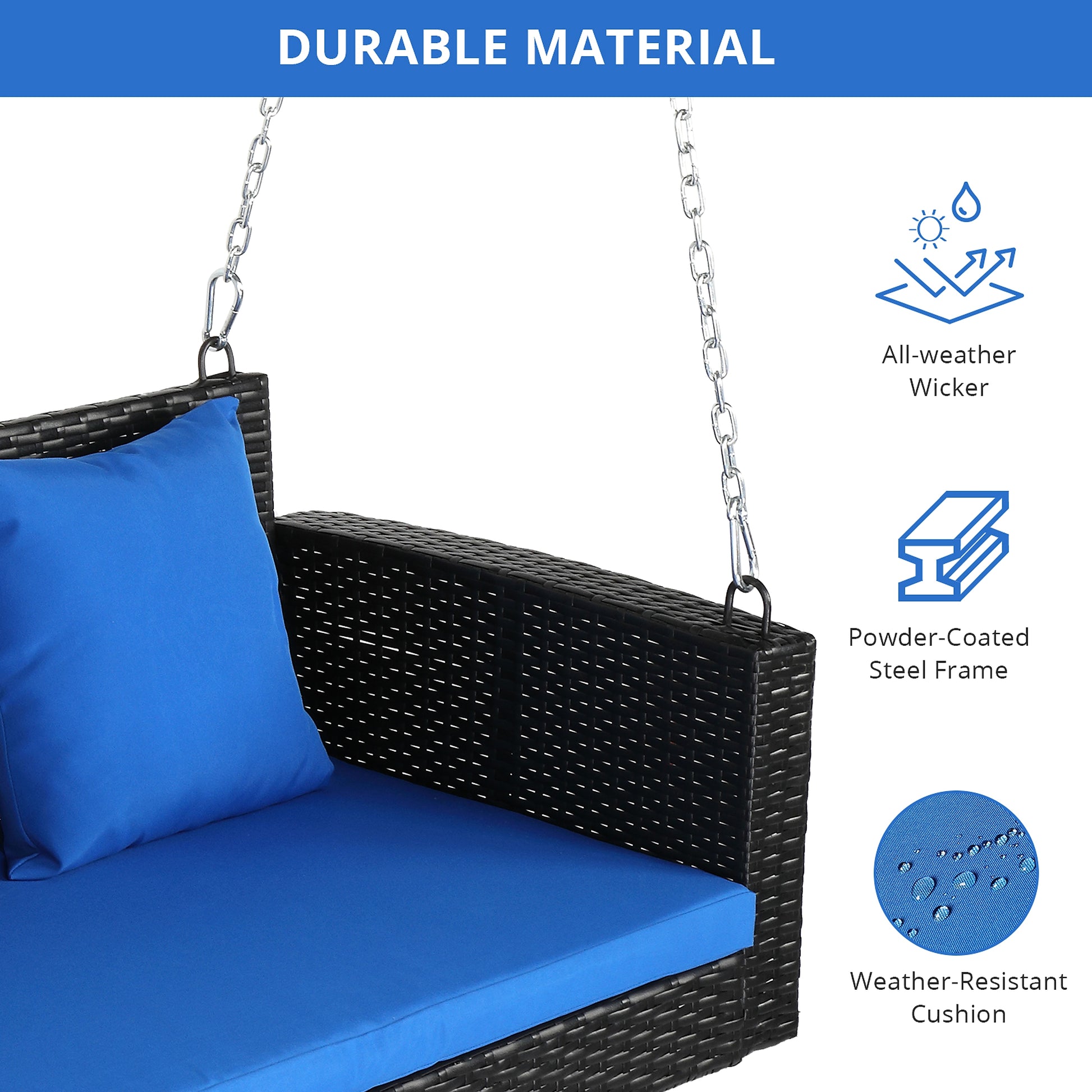 SolunaSwing™ – 4ft Black Rattan Hanging Chair with Blue Cushions - enhanced image 2