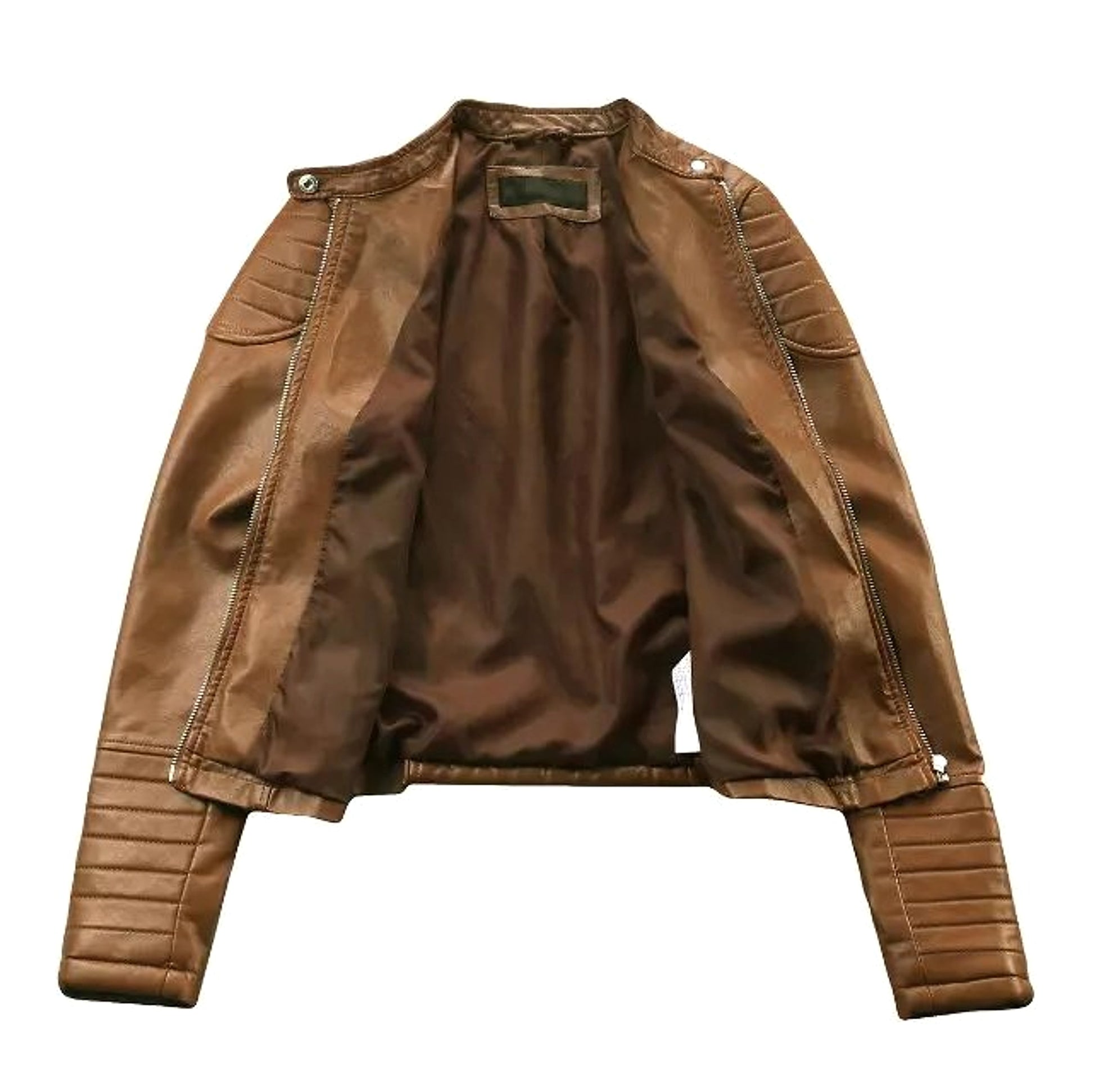 Standing Collar Motorcycle Pu Slim Leather Jacket Women Short - enhanced image 2