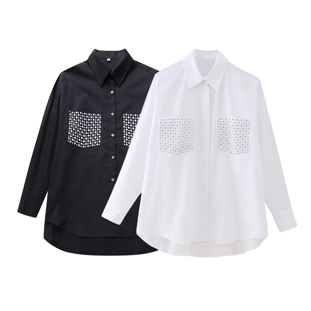 Street Trendy Rivet Ornament Loose Long Sleeve Shirt Women - enhanced image 2