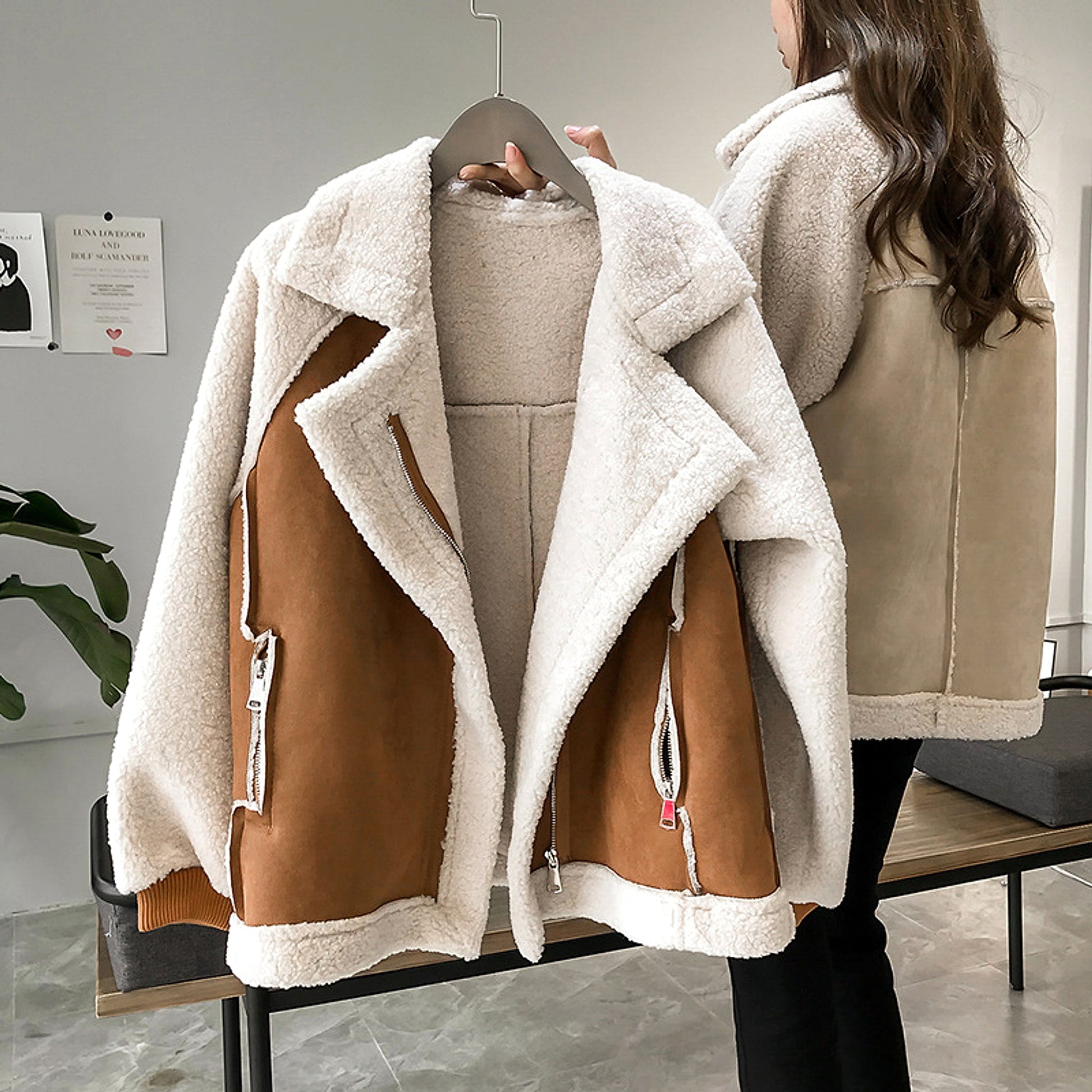A.1 Suede Jacket Women Short Lamb Velvet Motorcycle Jacket - enhanced image 2