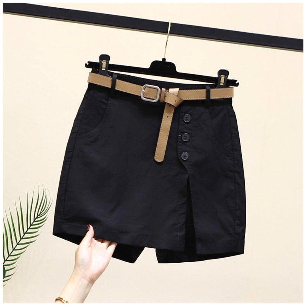 Summer New Button High Waist With Belt Cotton Shorts For Women Skirt - enhanced image 2