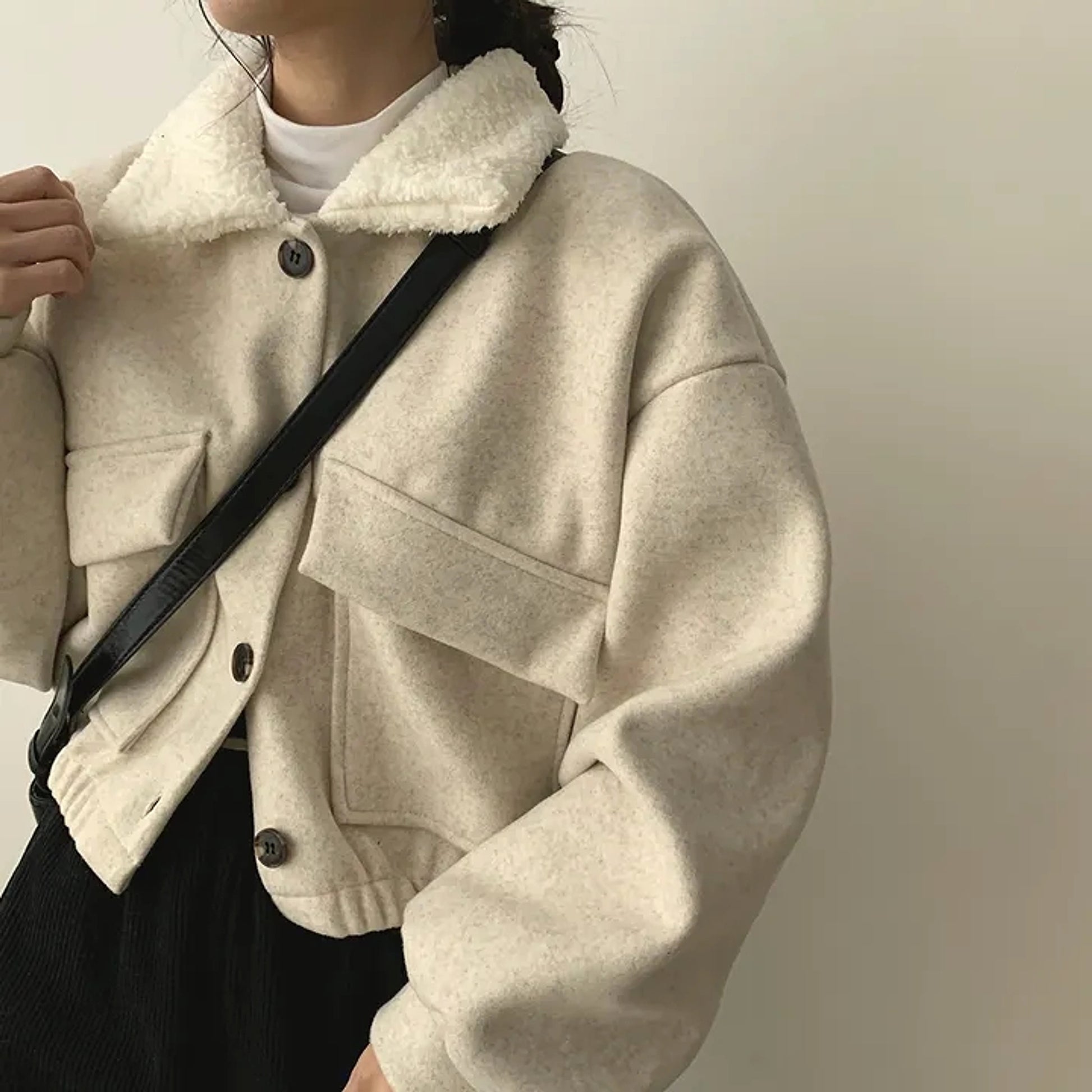 Thickened wool collar jumper for women with long sleeves and double pockets - enhanced image 2
