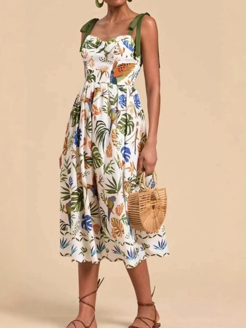 Tropical Print Tie-Shoulder Sweetheart Neck Midi Dress - enhanced image 2