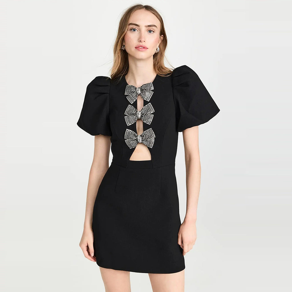 A1. Tube Top Three Bowknot Connection Hollowed Fashion Puff Sleeve Sheath Bandage One-piece Dress - enhanced image 2