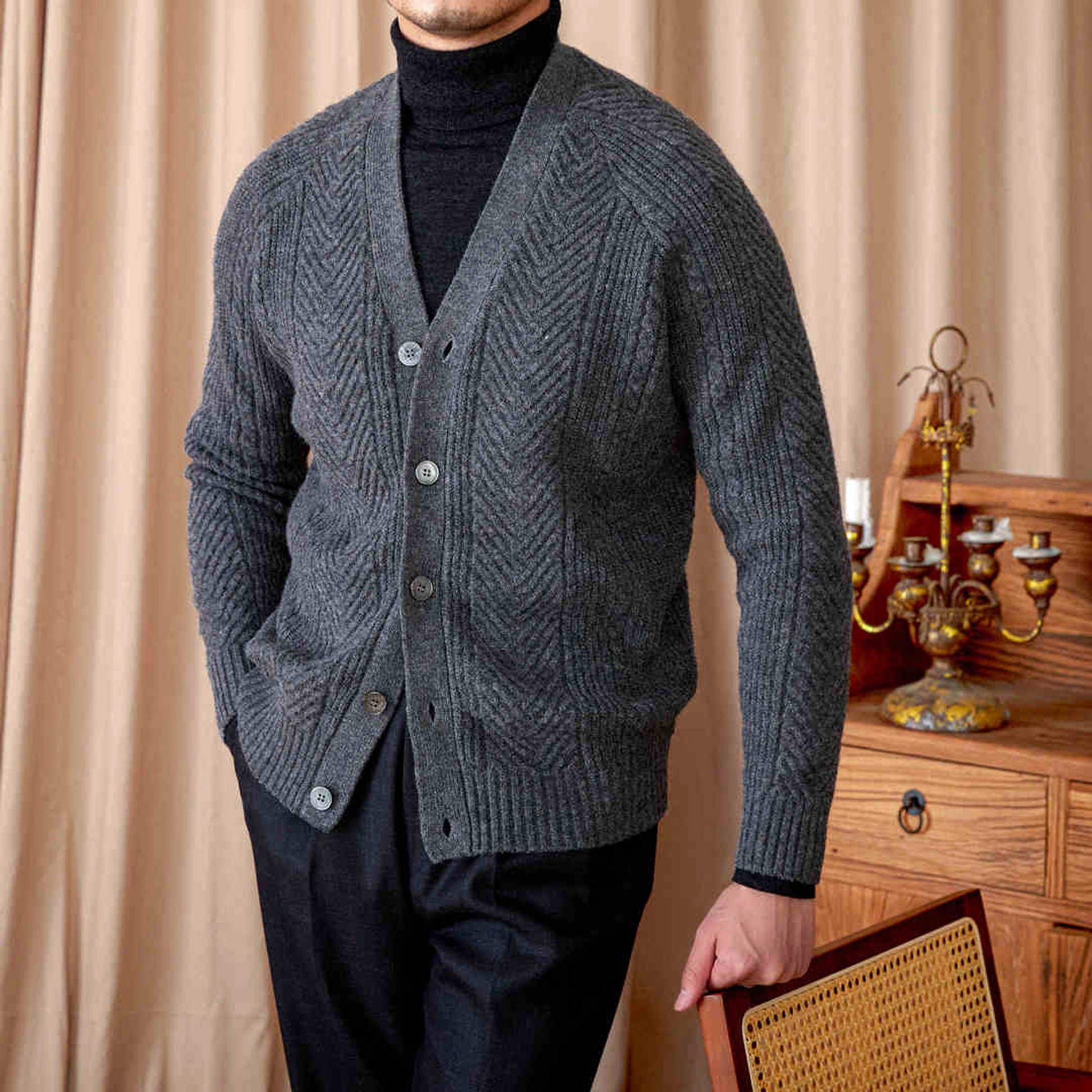 V-neck Solid Color Jacquard Knitted Cardigan Sweater Coat - enhanced image 2