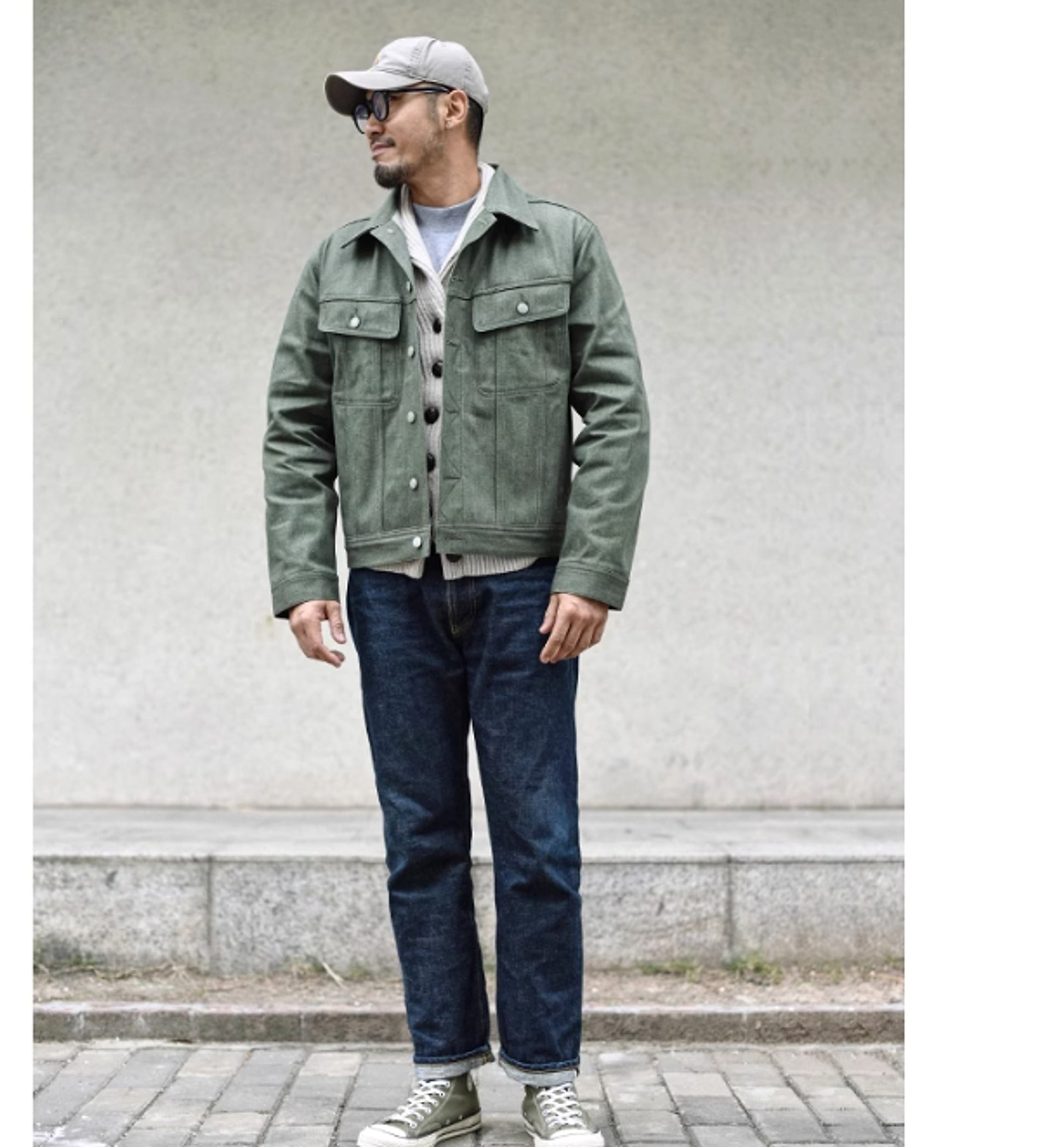Vulcanized Green Puree Denim Retro Workwear Pure Cotton Coat Men - enhanced image 2
