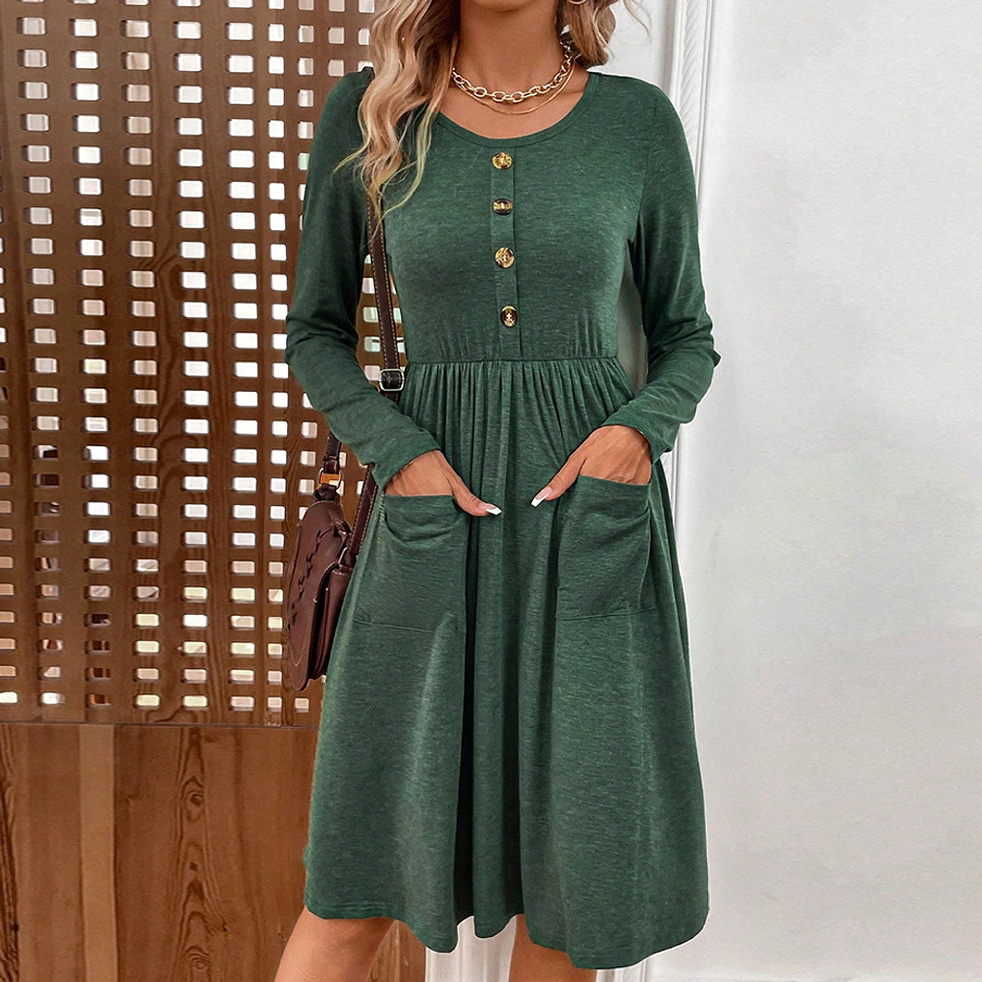 Waist-tight Round Neck Button Pocket Knitted Long-sleeved Dress - enhanced image 2