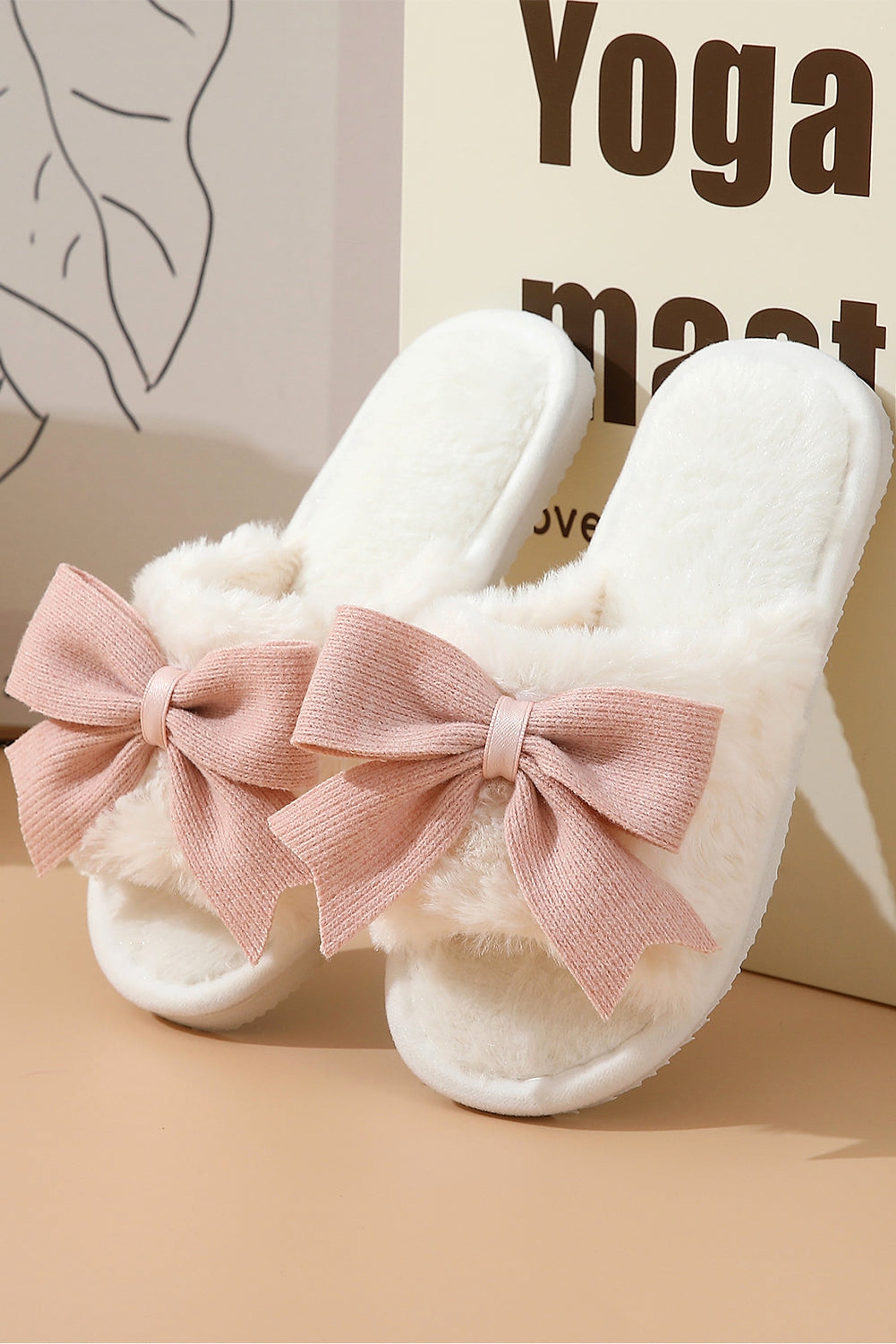 White Bow Knot Decor Open Toe Plush Slippers - enhanced image 2