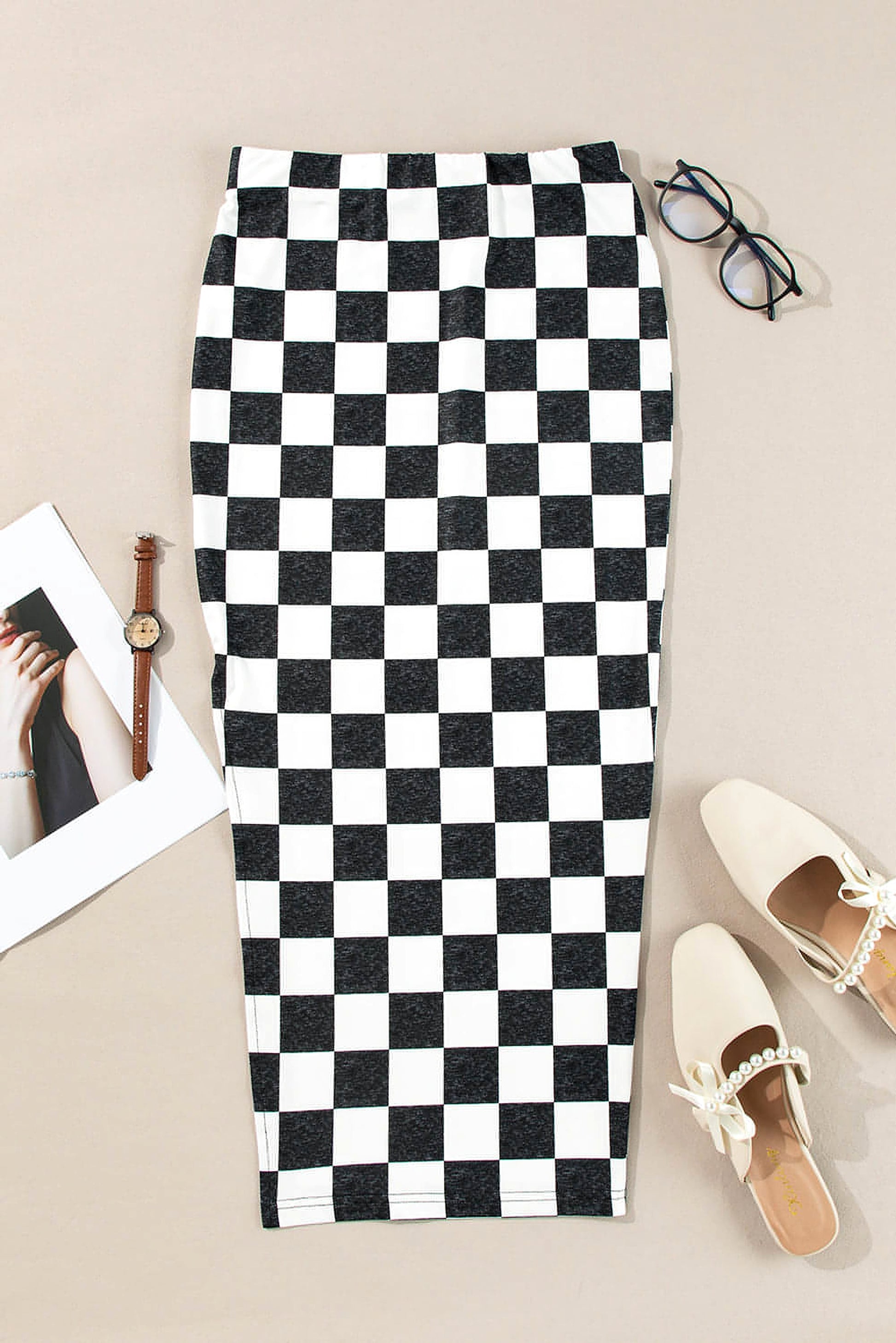 White Checkered Print Side Slit High Waist Midi Skirt - enhanced image 2