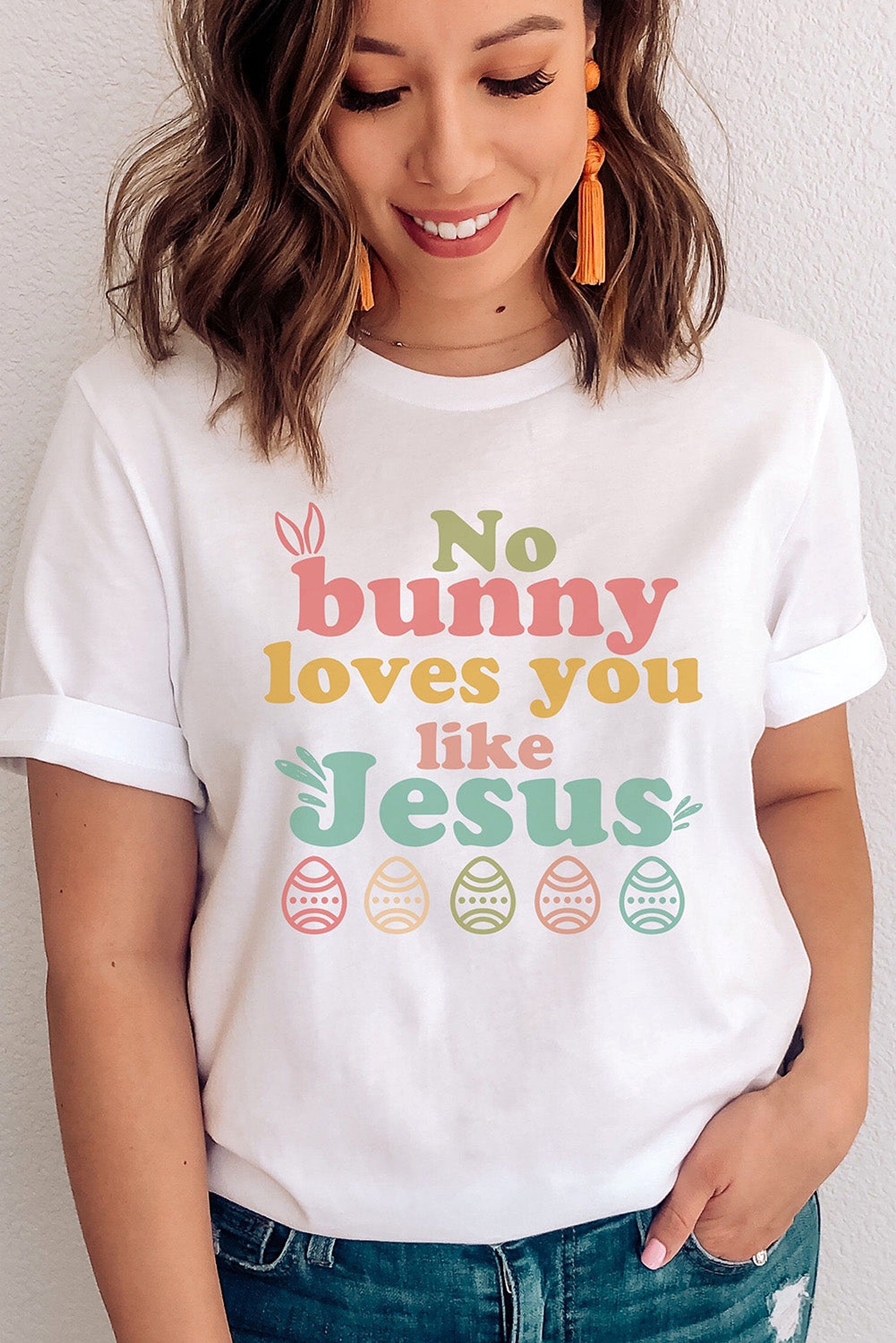 White No bunny loves you like Jesus Graphic Easter Day T-shirt - enhanced image 2