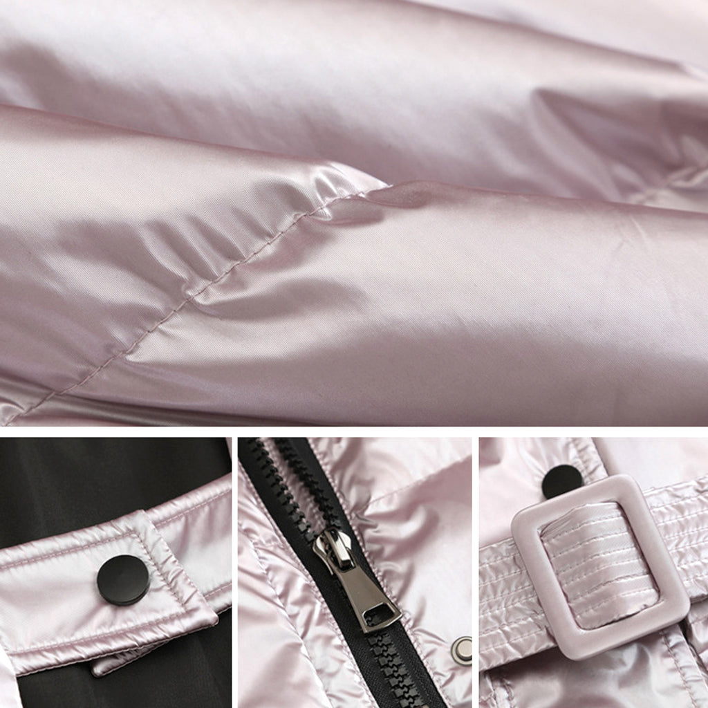 Winter Jacket Thick Mid-length Waist White Duck Down Jackets Slim Belt Silver Shiny Parka Women Coat - enhanced image 2