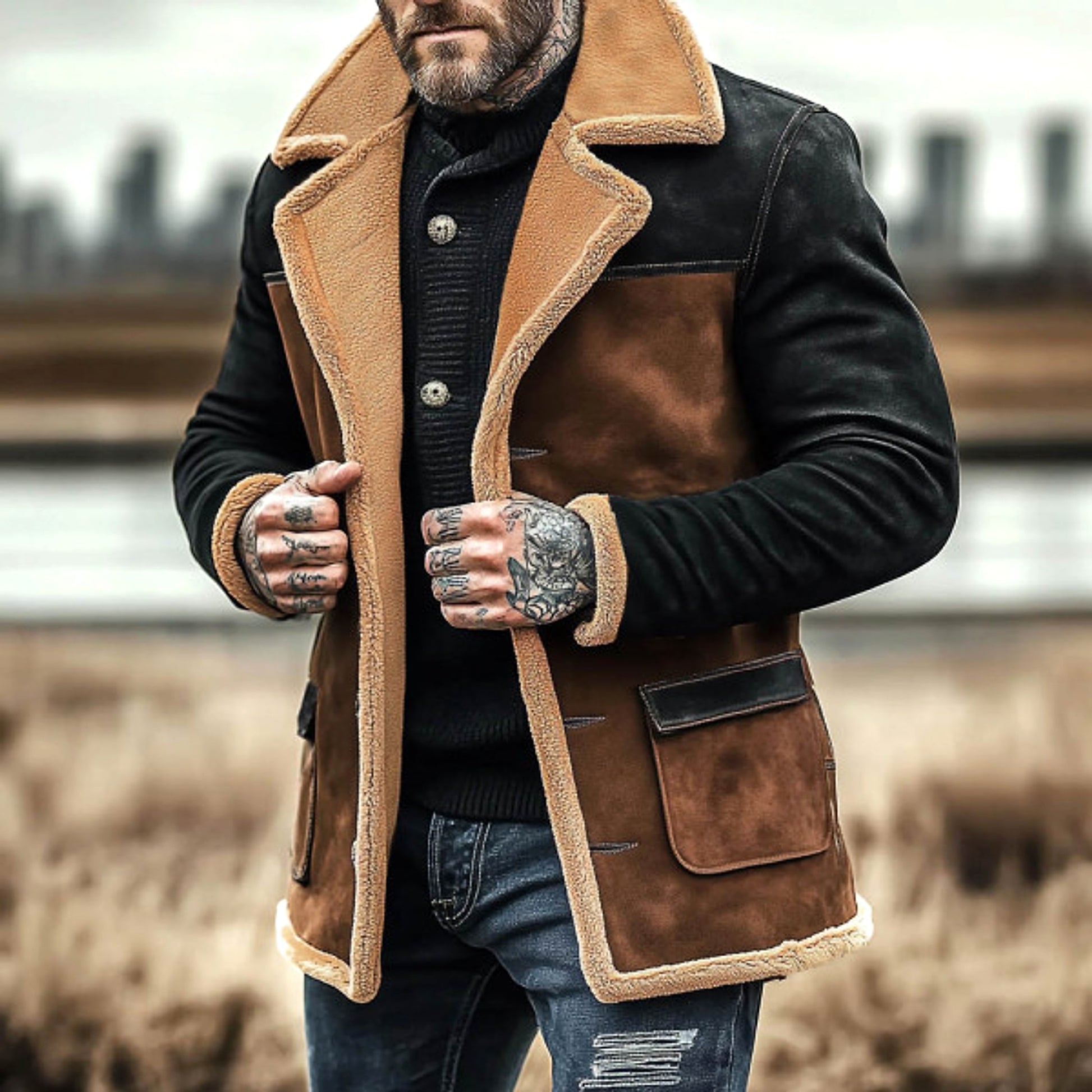 Winter Men's Vintage Suede Color Matching Casual Jacket - enhanced image 2