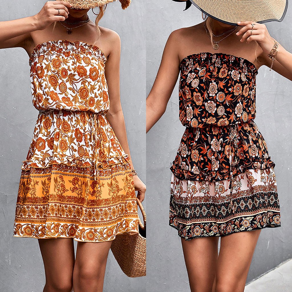 Women's Bohemian Floral Print Strapless Dress Summer Beach Dress - enhanced image 2