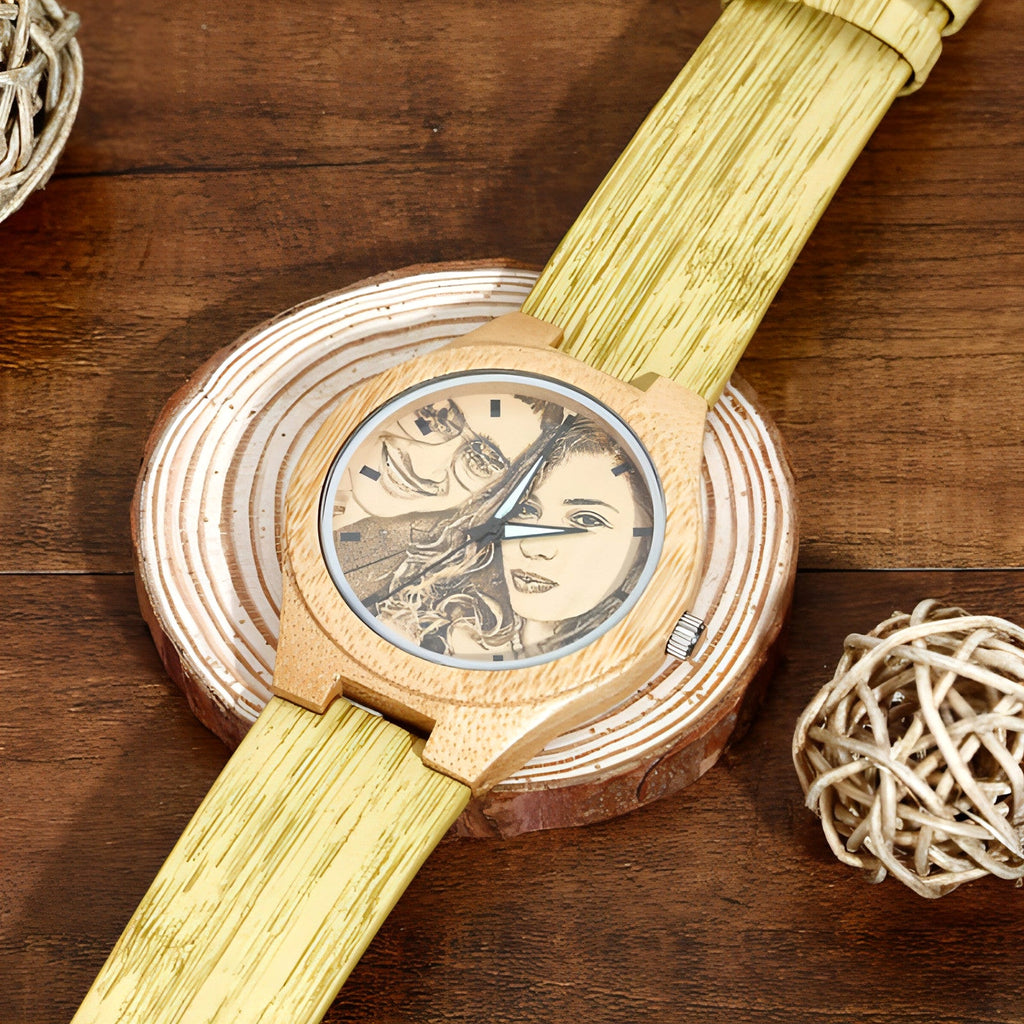 Engraved Bamboo Photo Watch Wooden Leather Strap 40mm - enhanced image 2