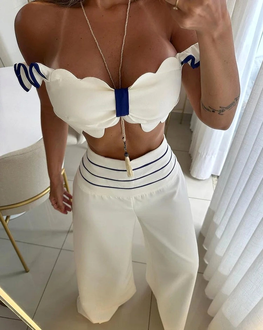 Women's Fashion Casual Off-shoulder Solid Color Two-piece Set - enhanced image 2