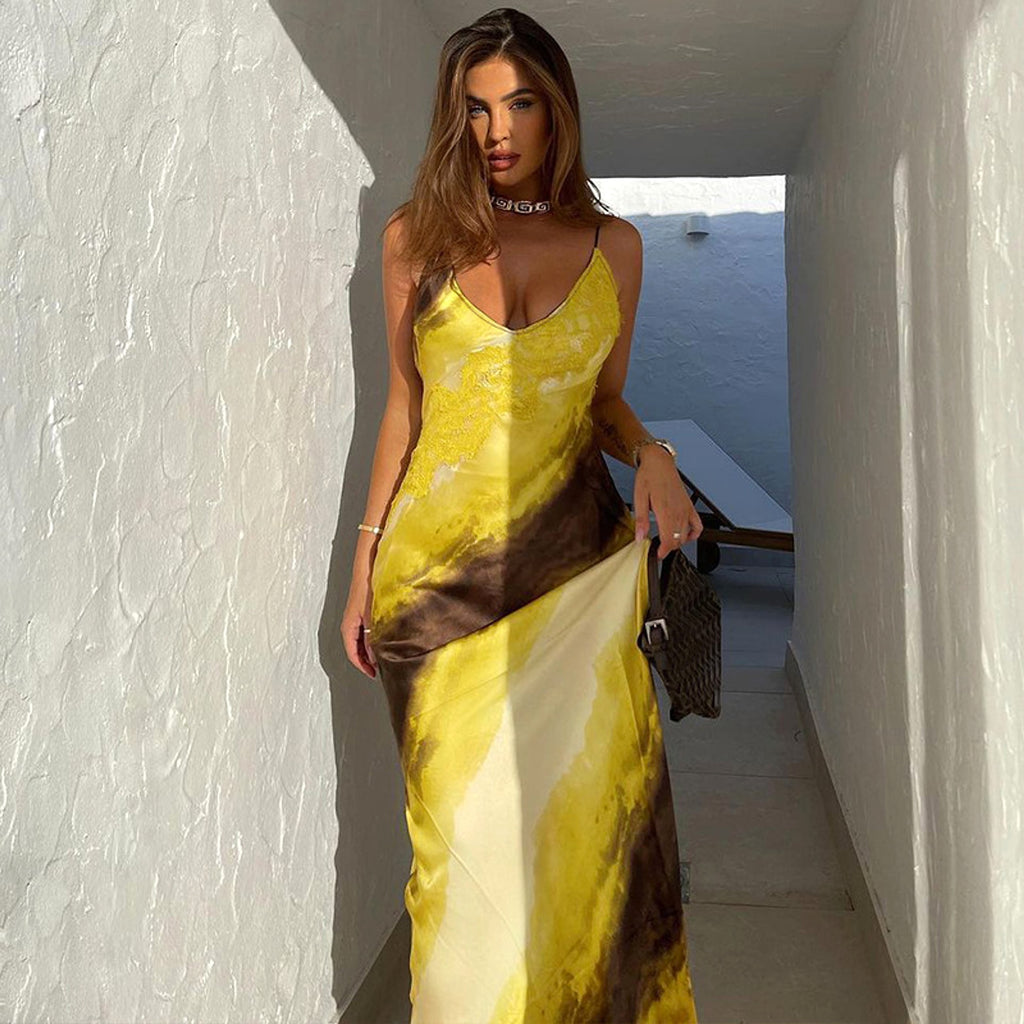 Women's Fashion Printed V-neck Backless Slit Sling Dress - enhanced image 2