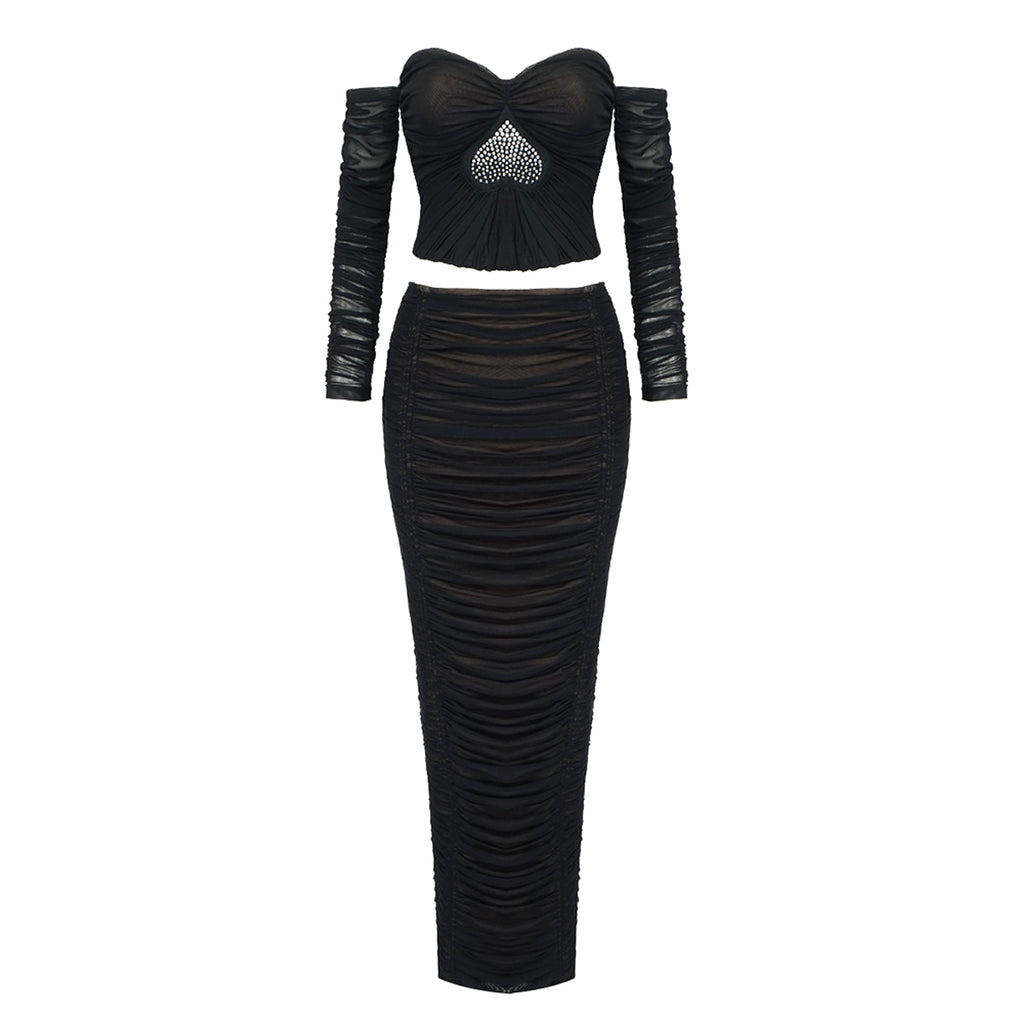 A1. Women's Heavy Industry Heart-shaped Rhinestone Pleated Mesh French Dress - enhanced image 2