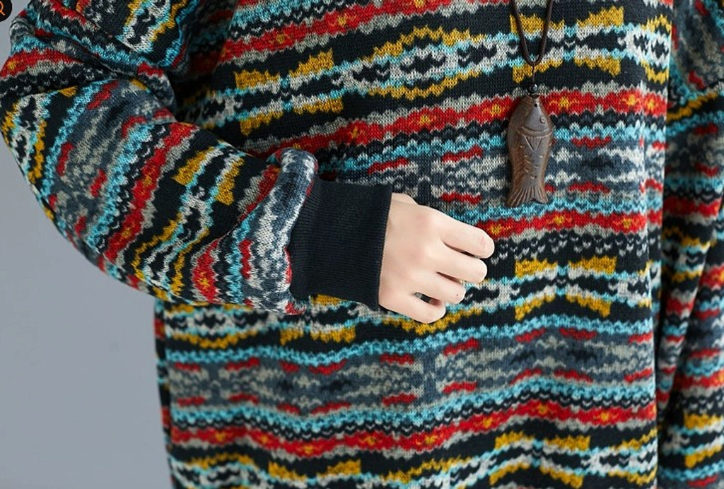 Women's Loose Plush Artistic Warm Striped Round Neck Pullover Knitted Sweater - enhanced image 2