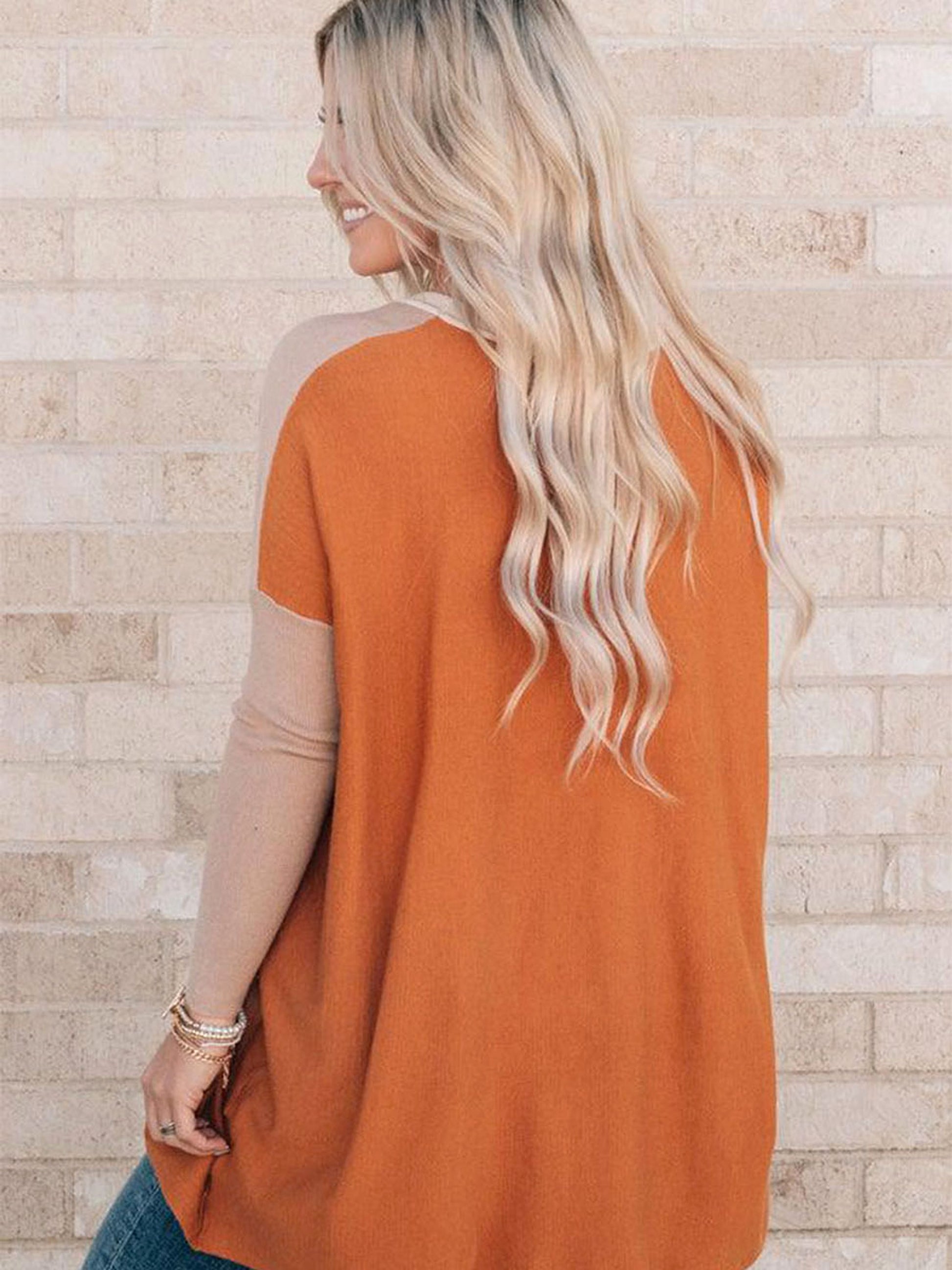 Women's Orange Pocket Color Matching Long-sleeved Top T-shirt - enhanced image 2