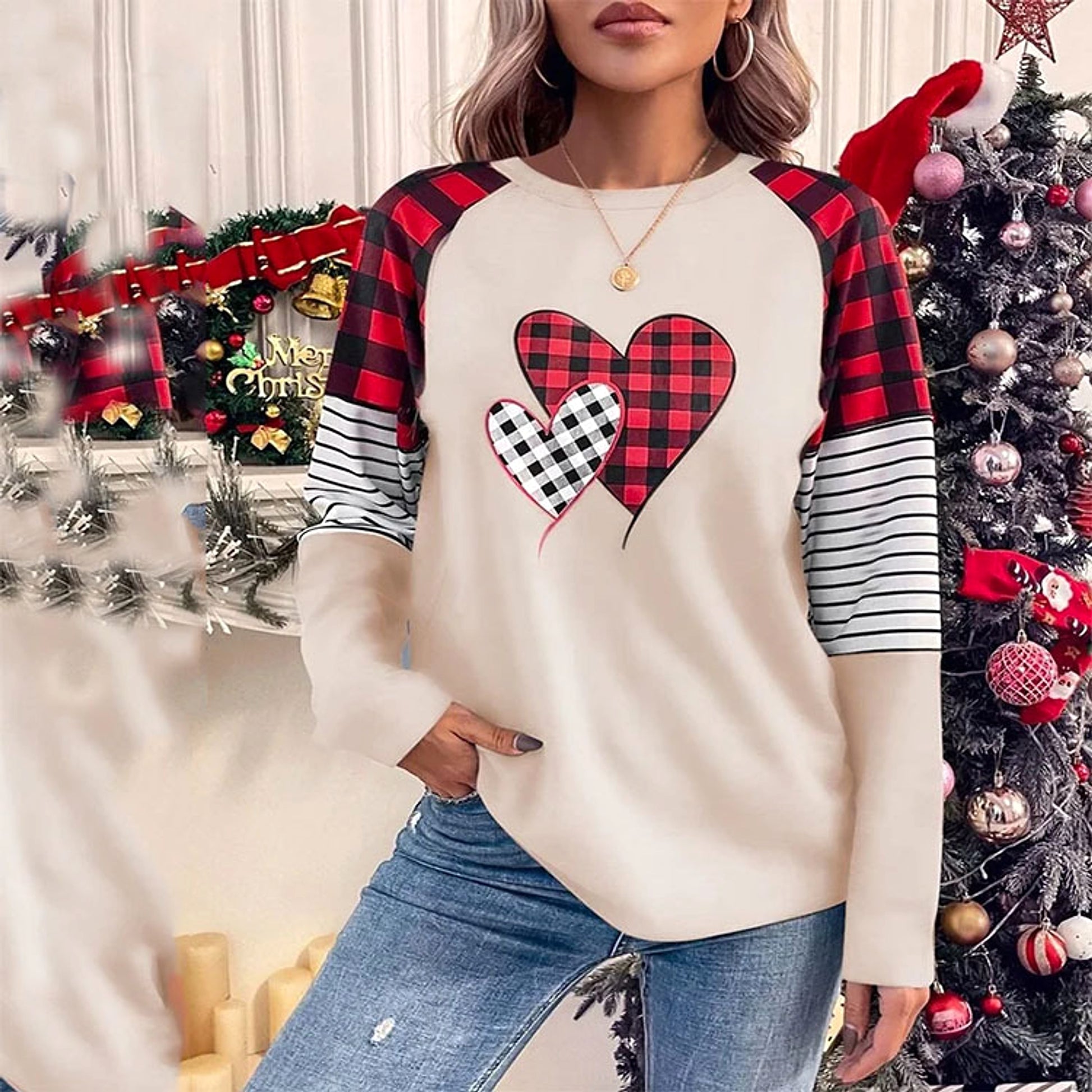Women's Round Neck Long-sleeved Sweater Women's Plaid - enhanced image 2