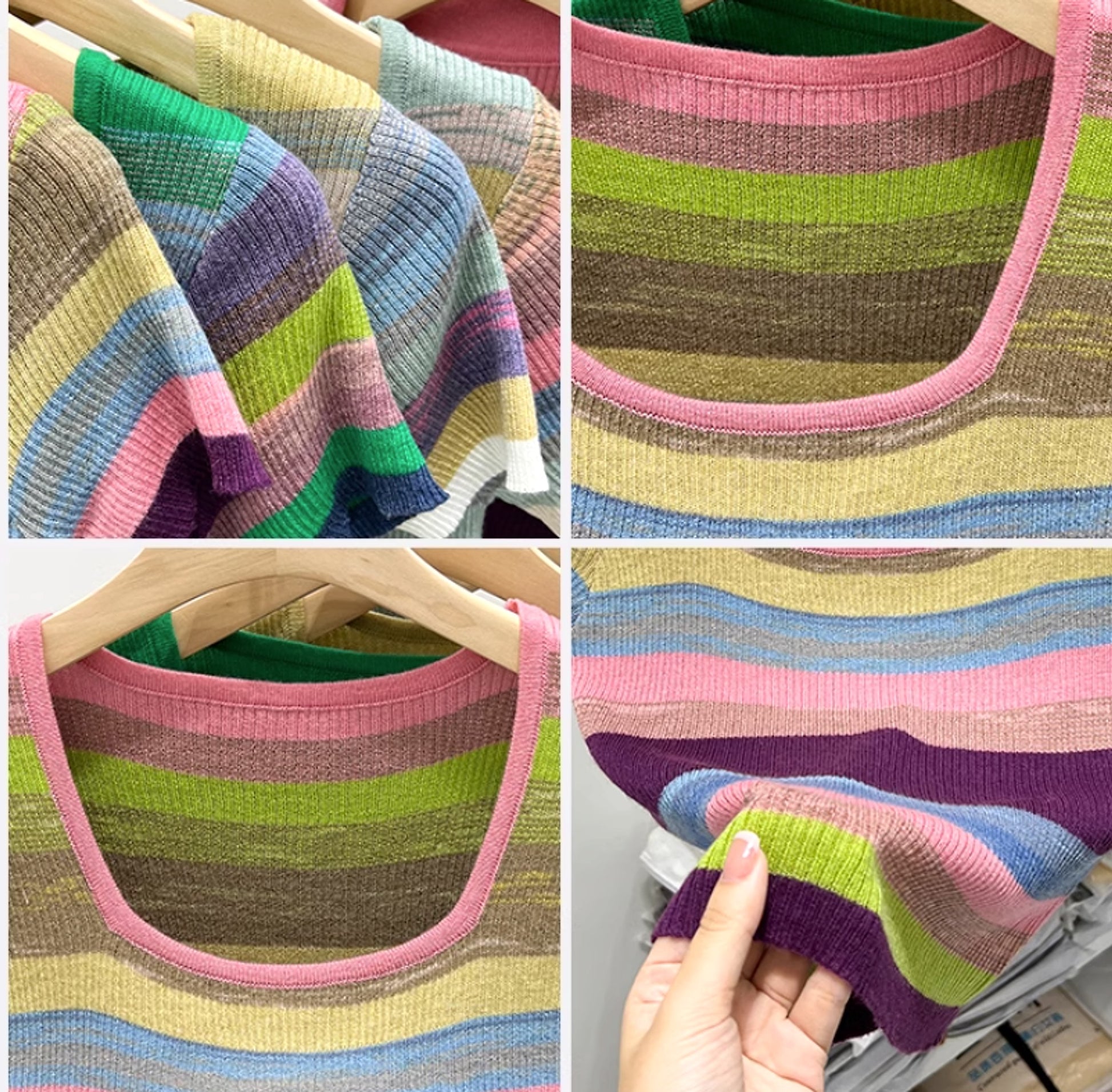 Women's Short Sleeve Square Collar Striped Ice Silk Knitted Sweater - enhanced image 2