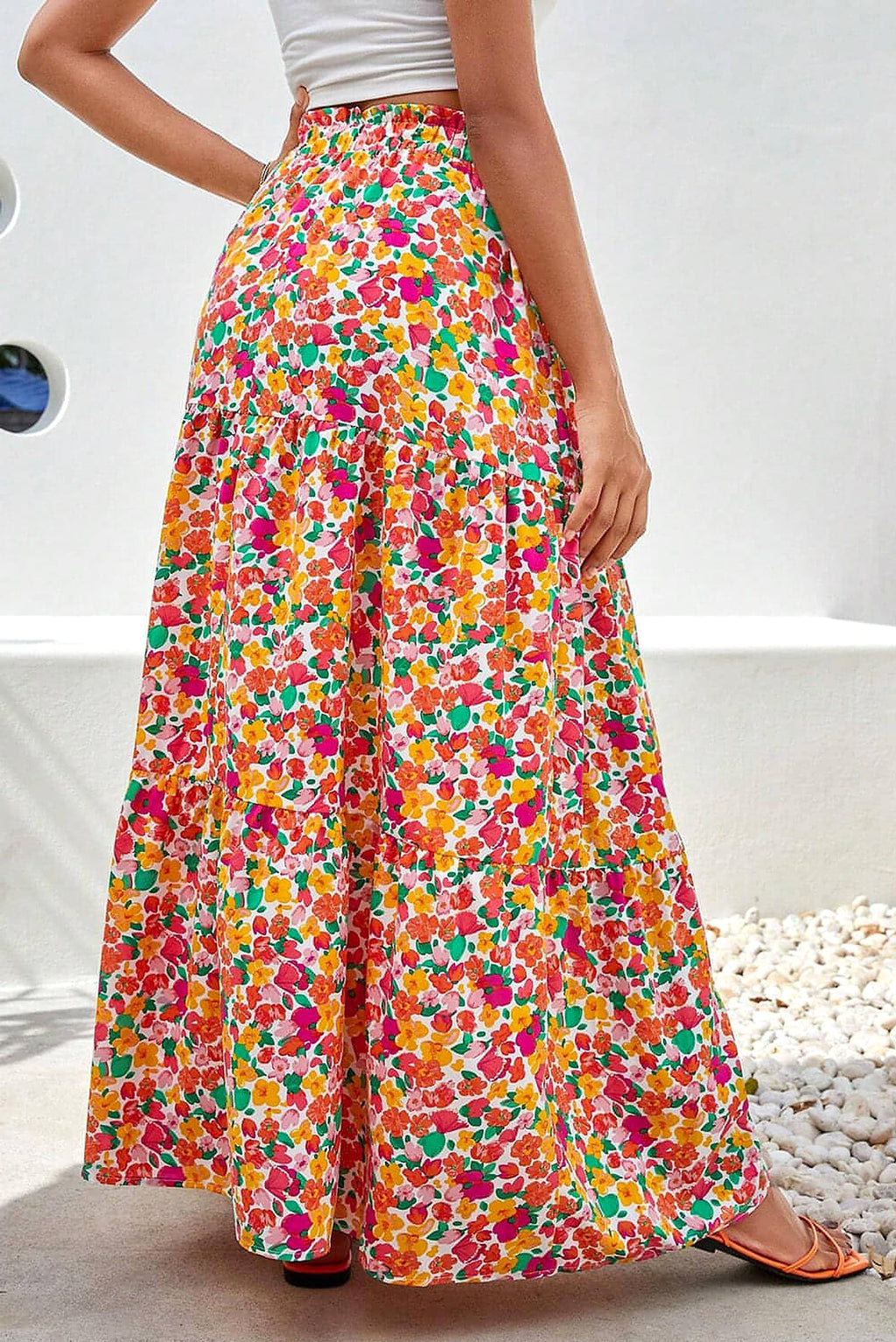 Yellow Boho Floral Print Tiered Long Skirt - enhanced image 2