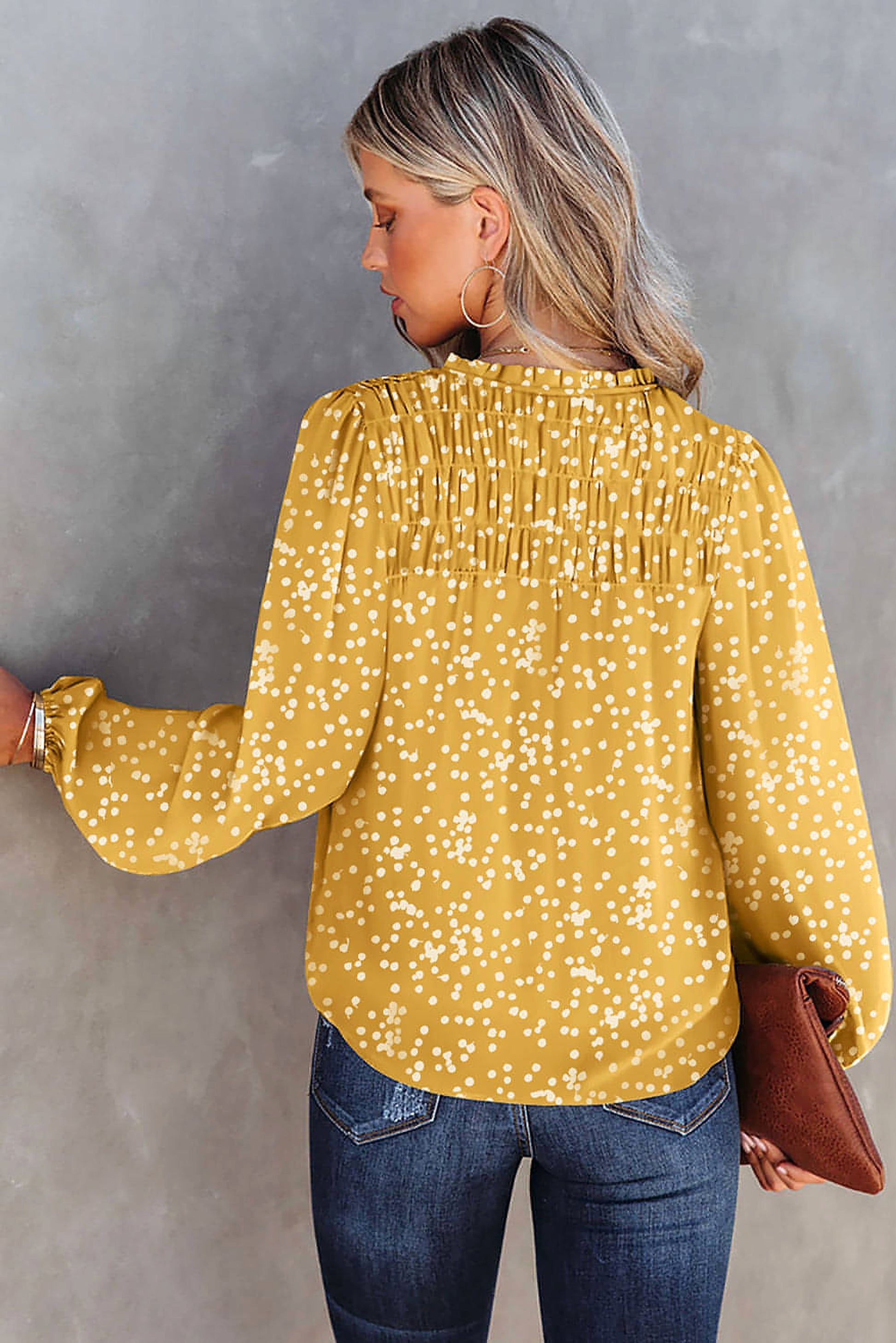 Yellow Split Neck Fall Printed Crinkled Blouse - enhanced image 2