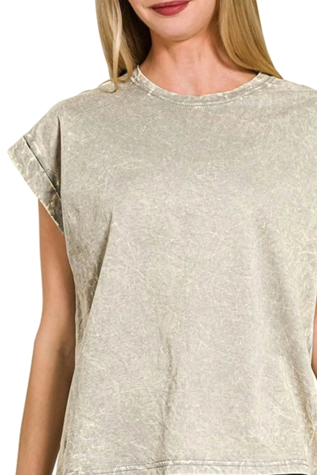 Zenana Crinkle Washed Round Neck Folded Short Sleeve Tee - enhanced image 2