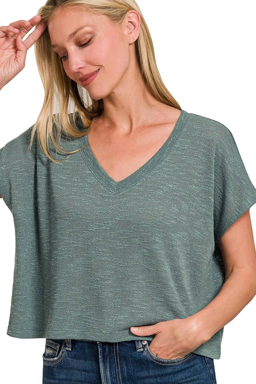 Zenana Hacci Slub V-neck Drop Shoulder Crop Top - enhanced image 2