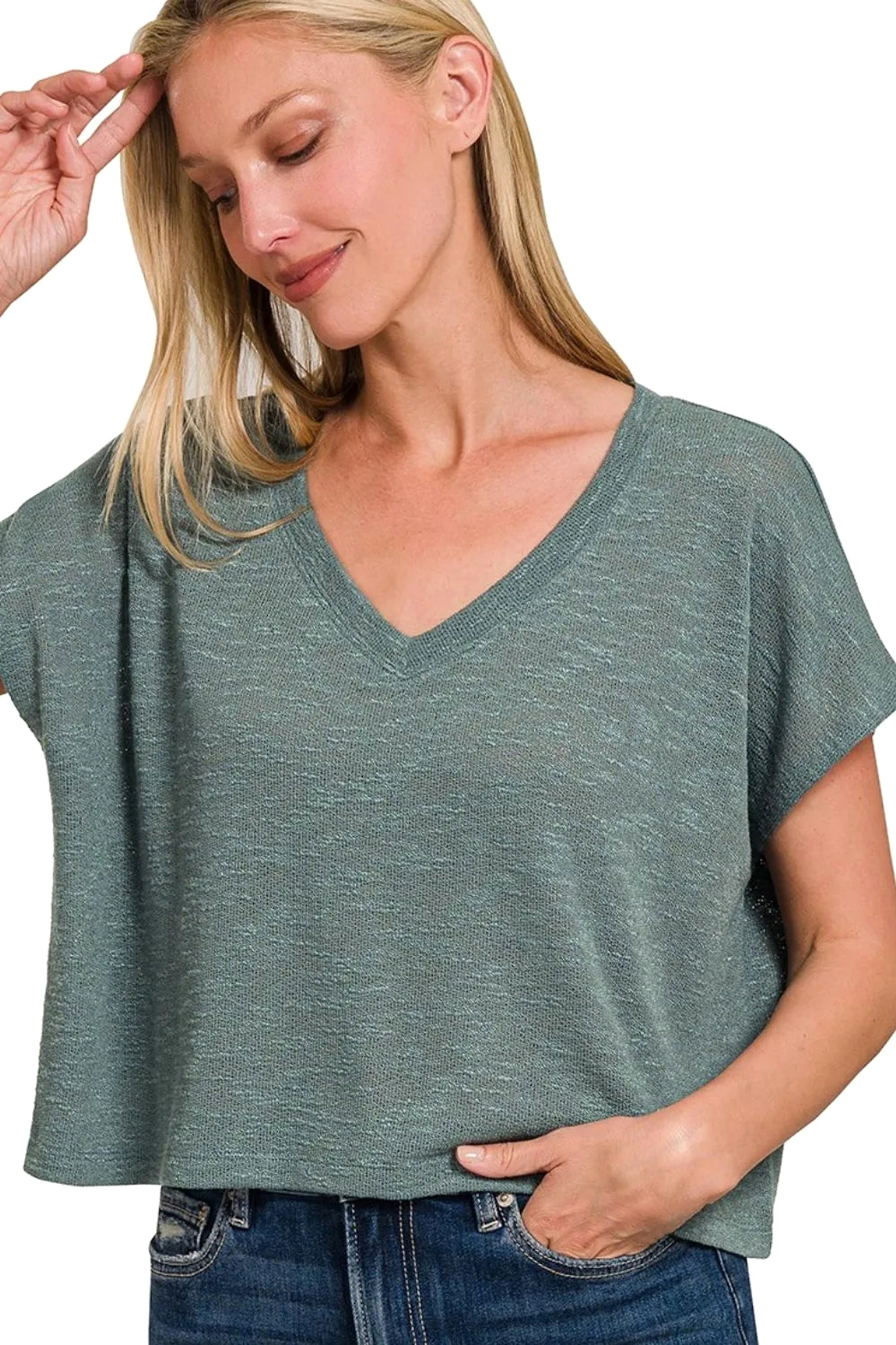 Zenana Hacci Slub V-neck Drop Shoulder Crop Top - enhanced image 2