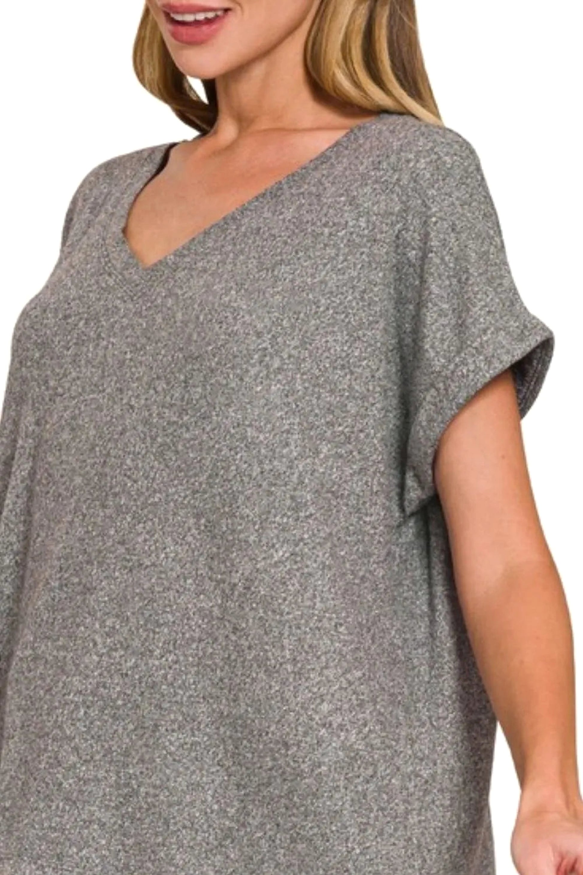 Zenana Soft Melange Hacci V-neck Tee - enhanced image 2