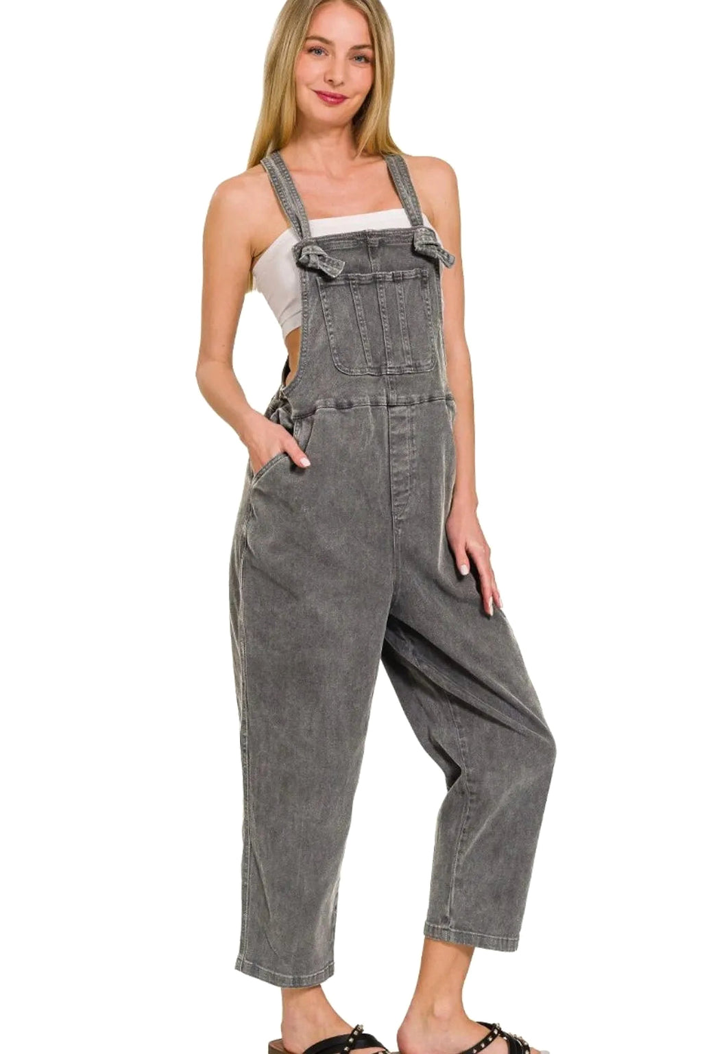 Zenana Washed Knot Strap Relaxed Fit Overalls - enhanced image 2