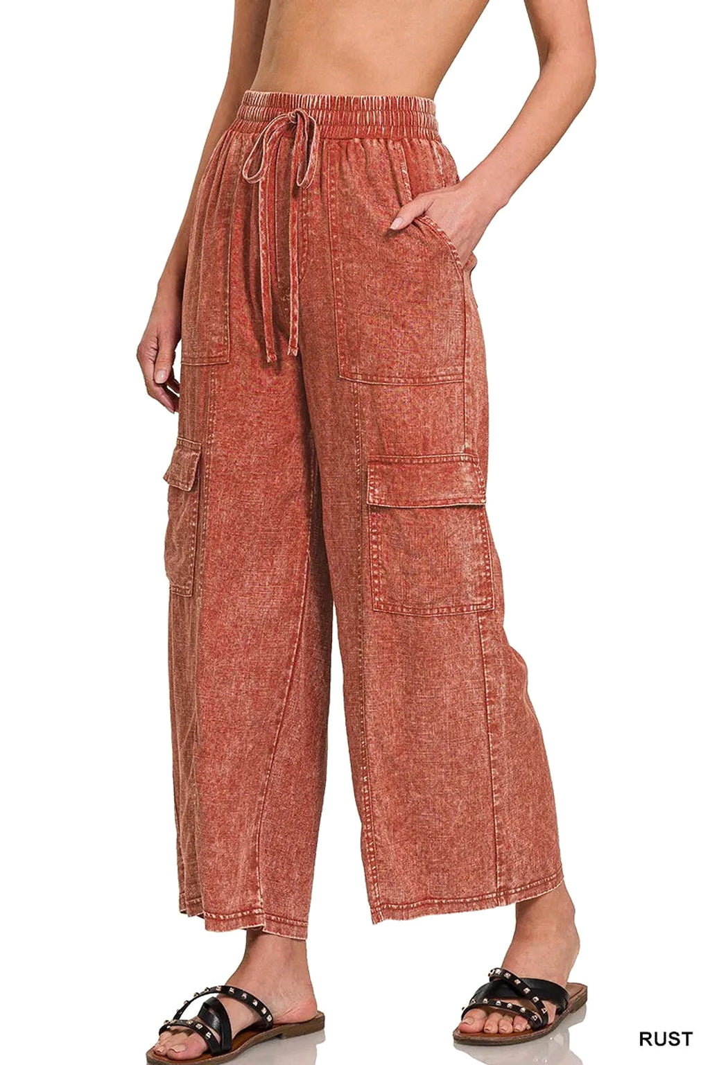 Zenana Washed Linen Elastic Band Waist Cargo Pants - enhanced image 2